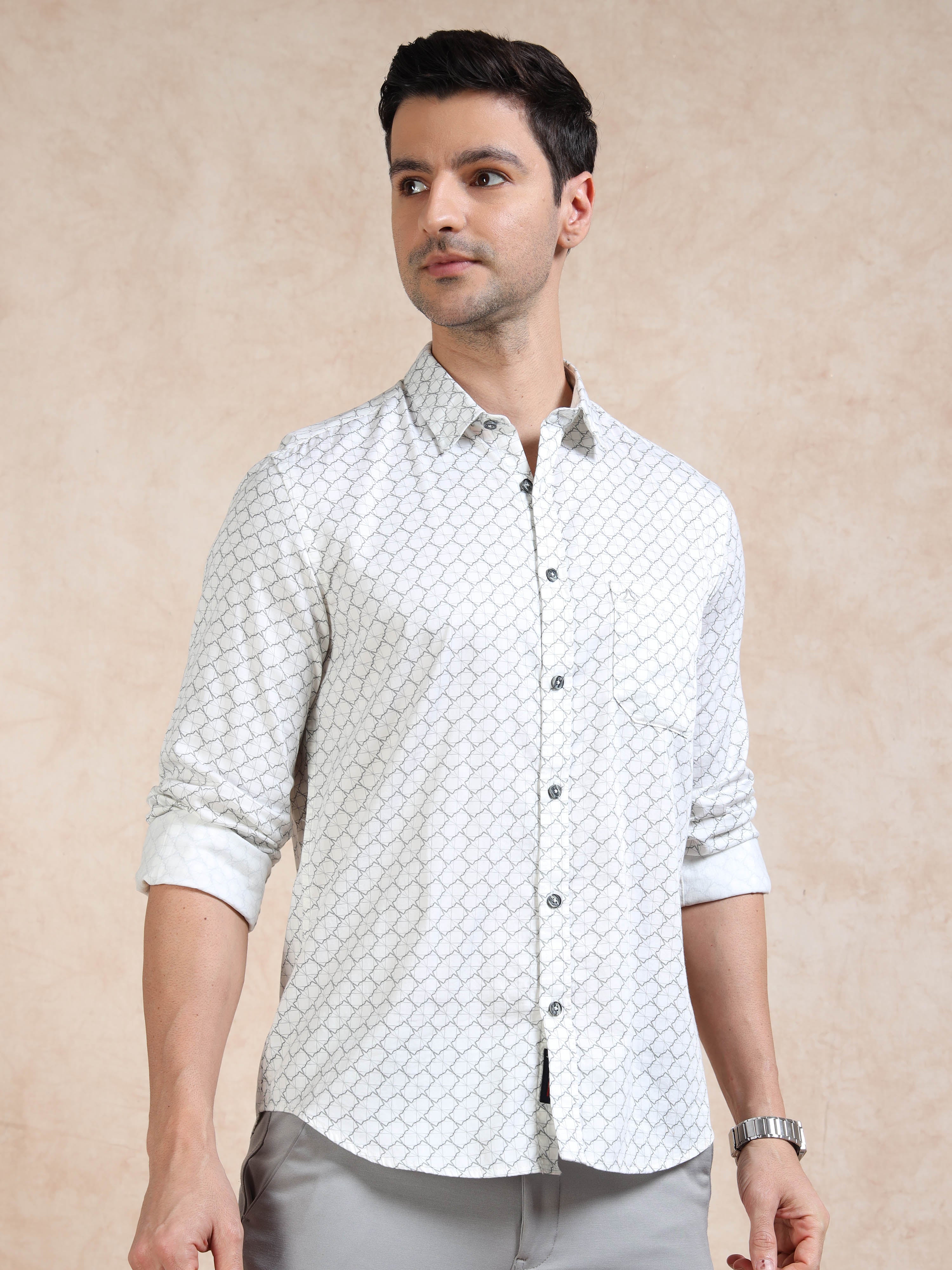 MEN'S OFF WHITE PRINT SLIM FIT SHIRT