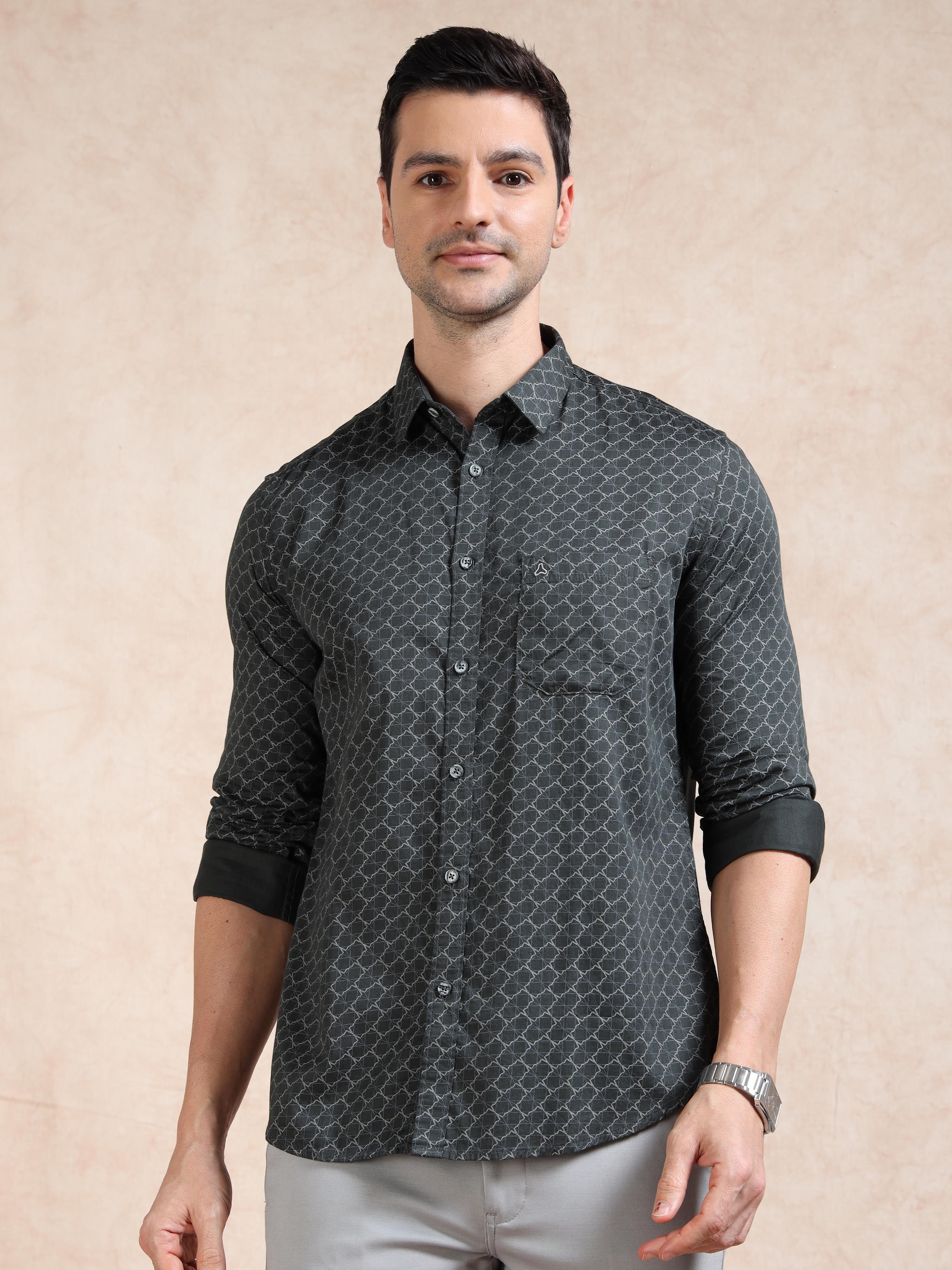MEN'S GREEN PRINT SLIM FIT SHIRT