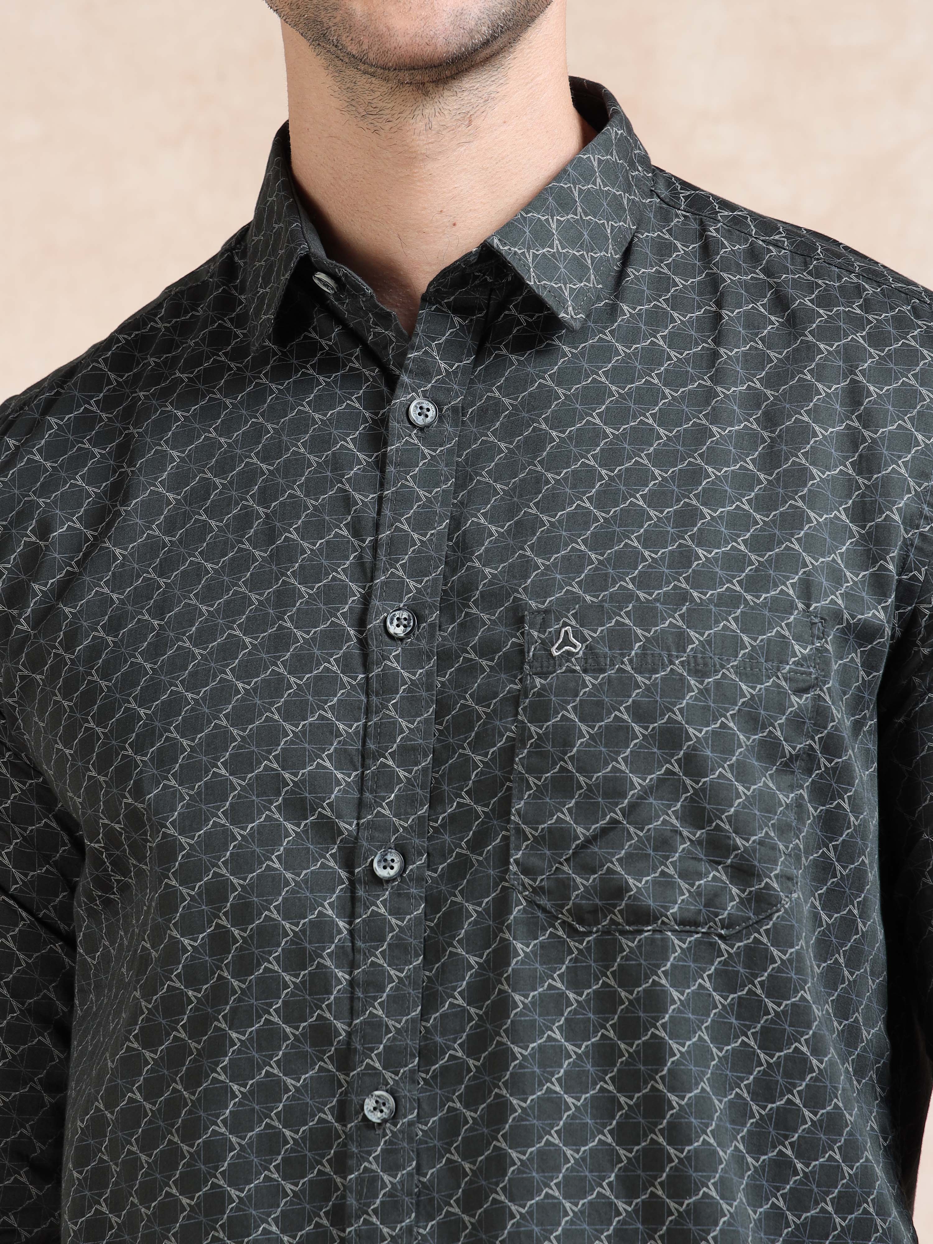 MEN'S GREEN PRINT SLIM FIT SHIRT