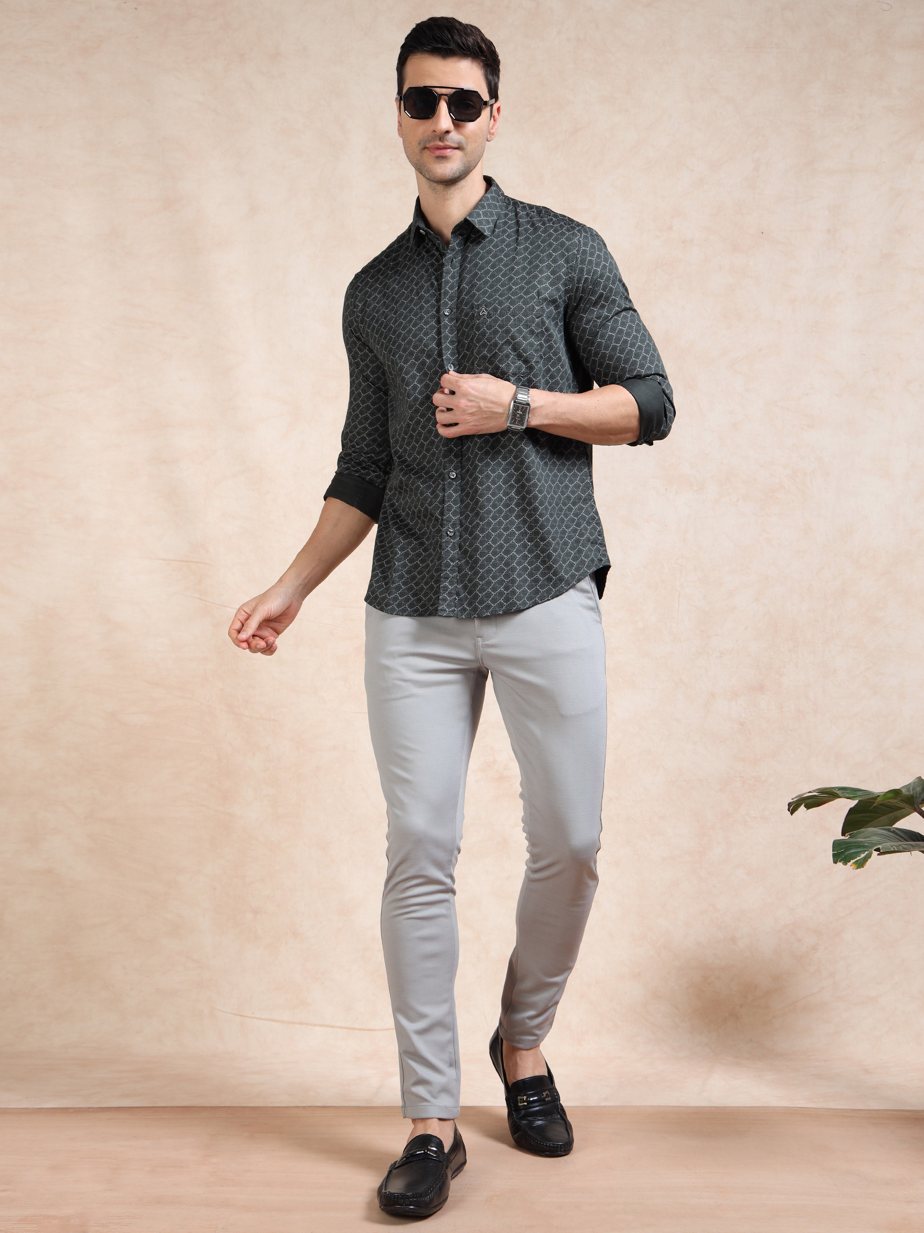 MEN'S GREEN PRINT SLIM FIT SHIRT