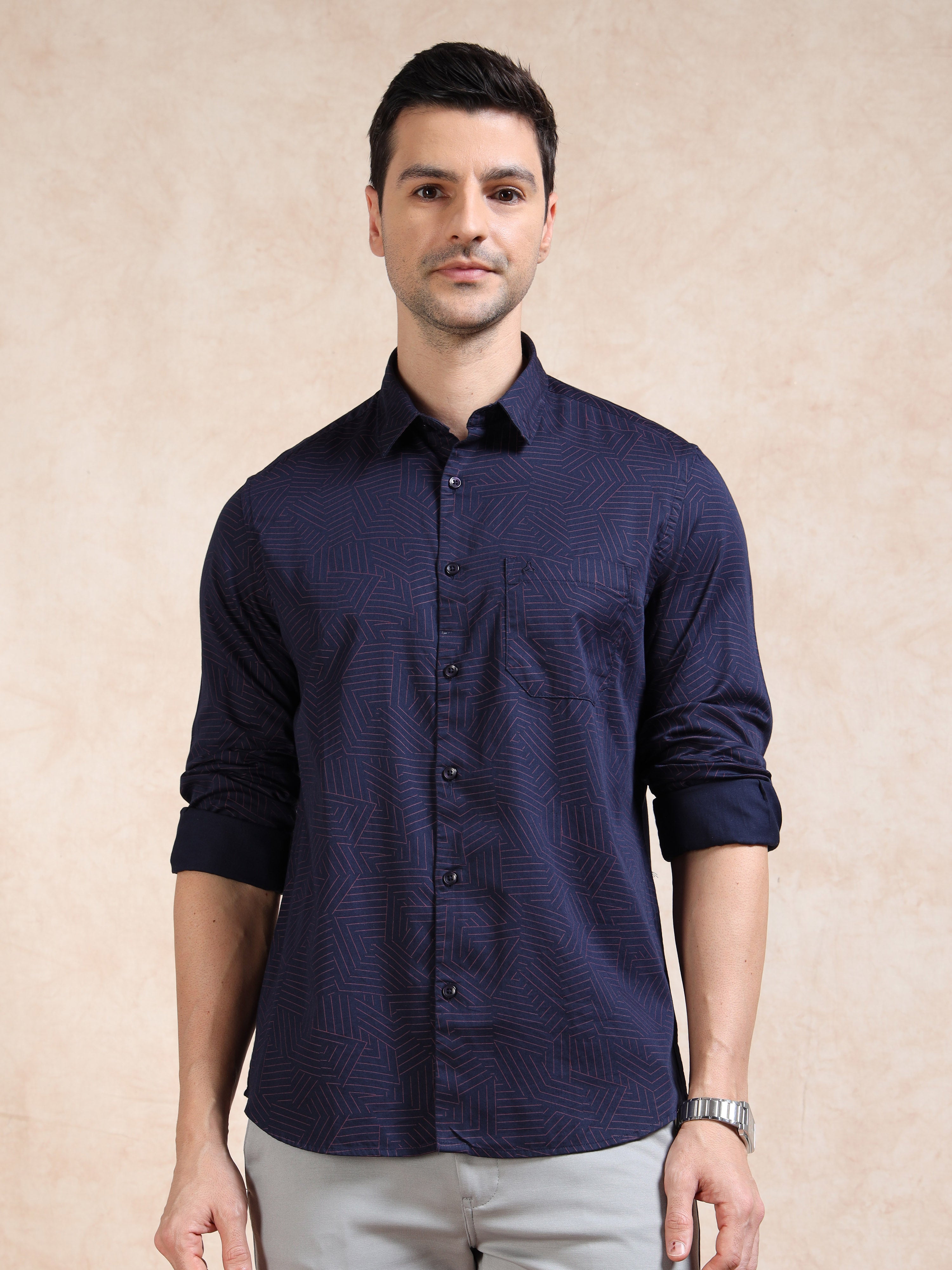 MEN'S NAVY PRINT SLIM FIT SHIRT
