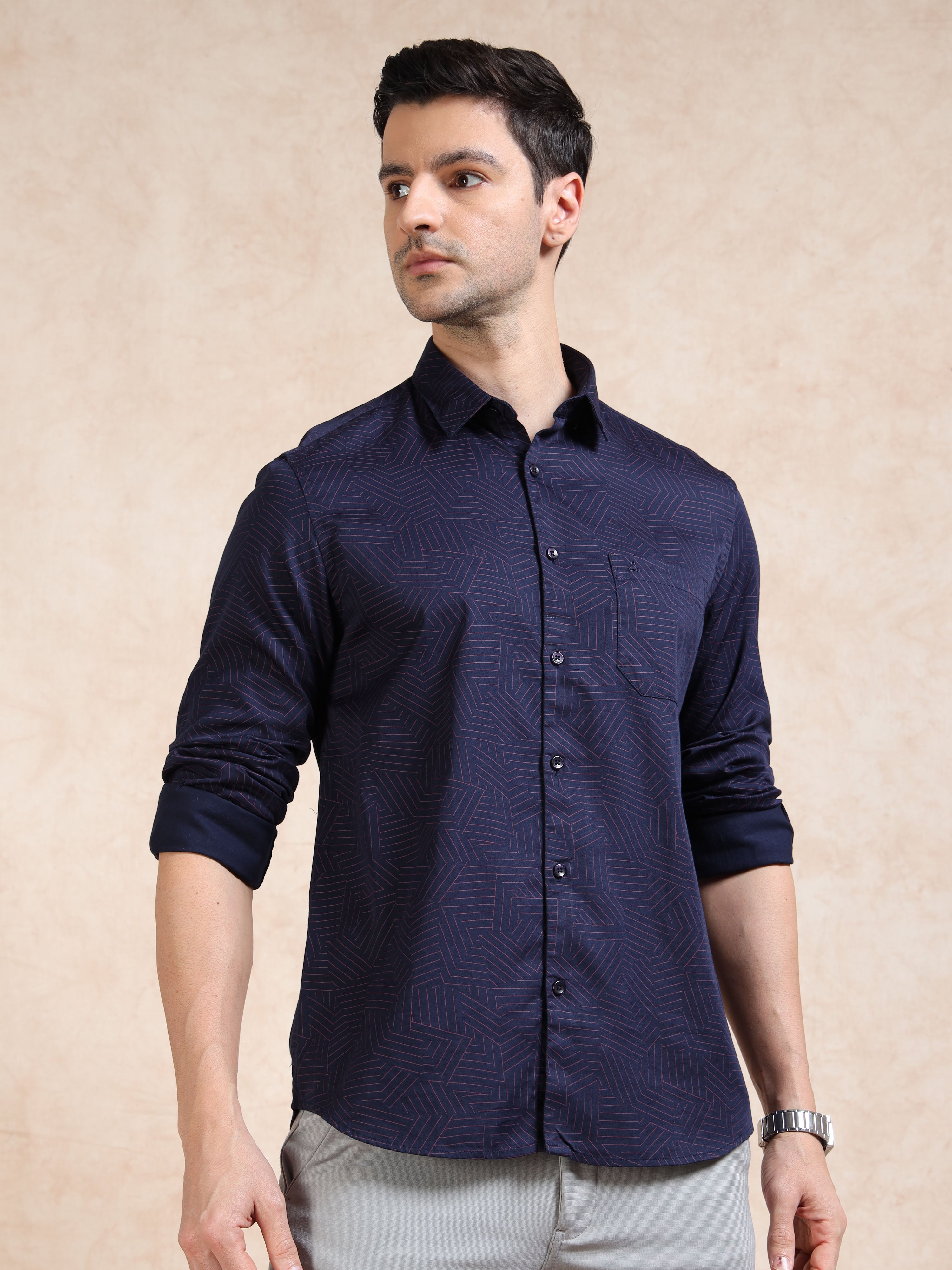 MEN'S NAVY PRINT SLIM FIT SHIRT