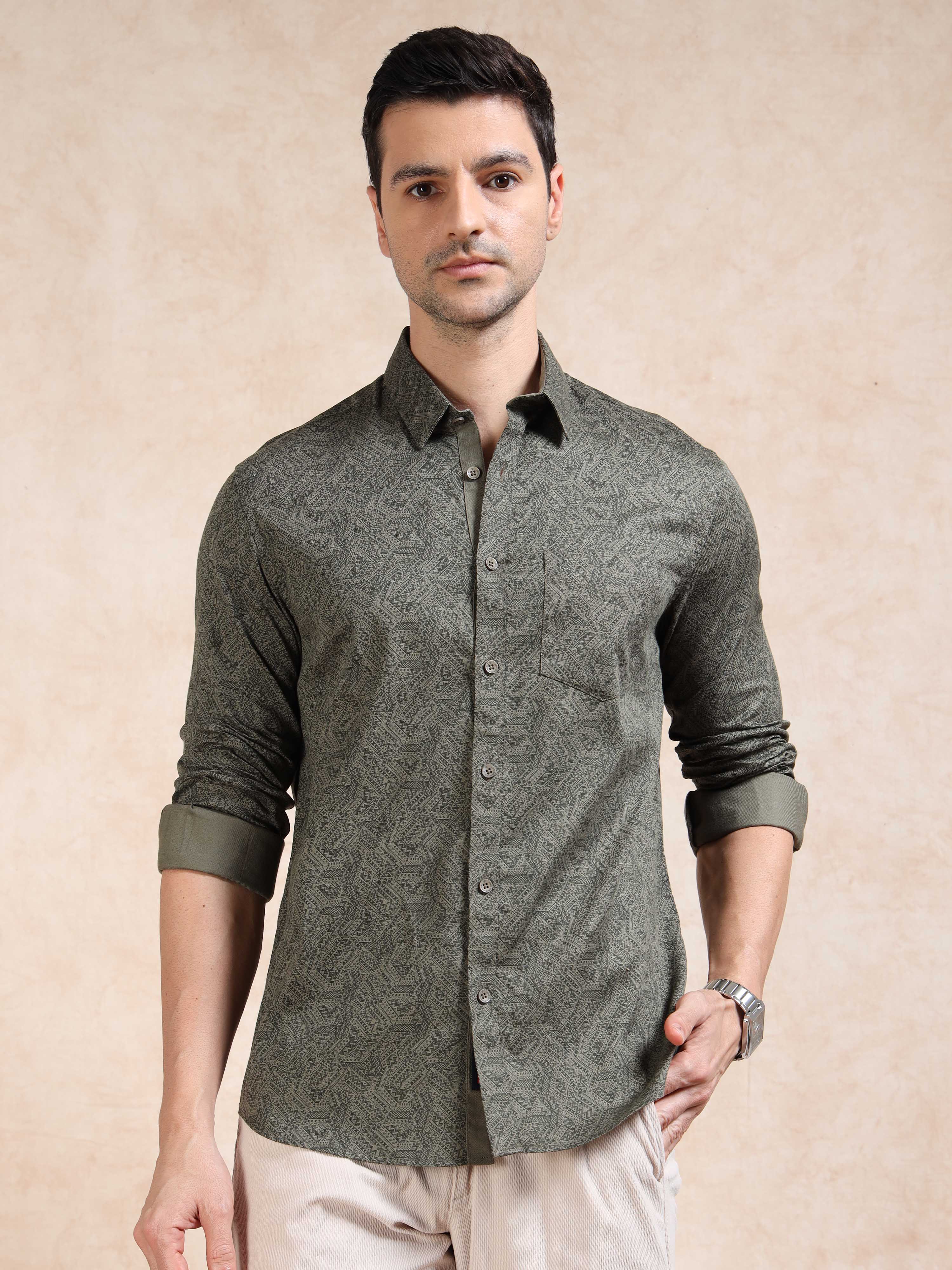 MEN'S GREEN PRINT SLIM FIT SHIRT