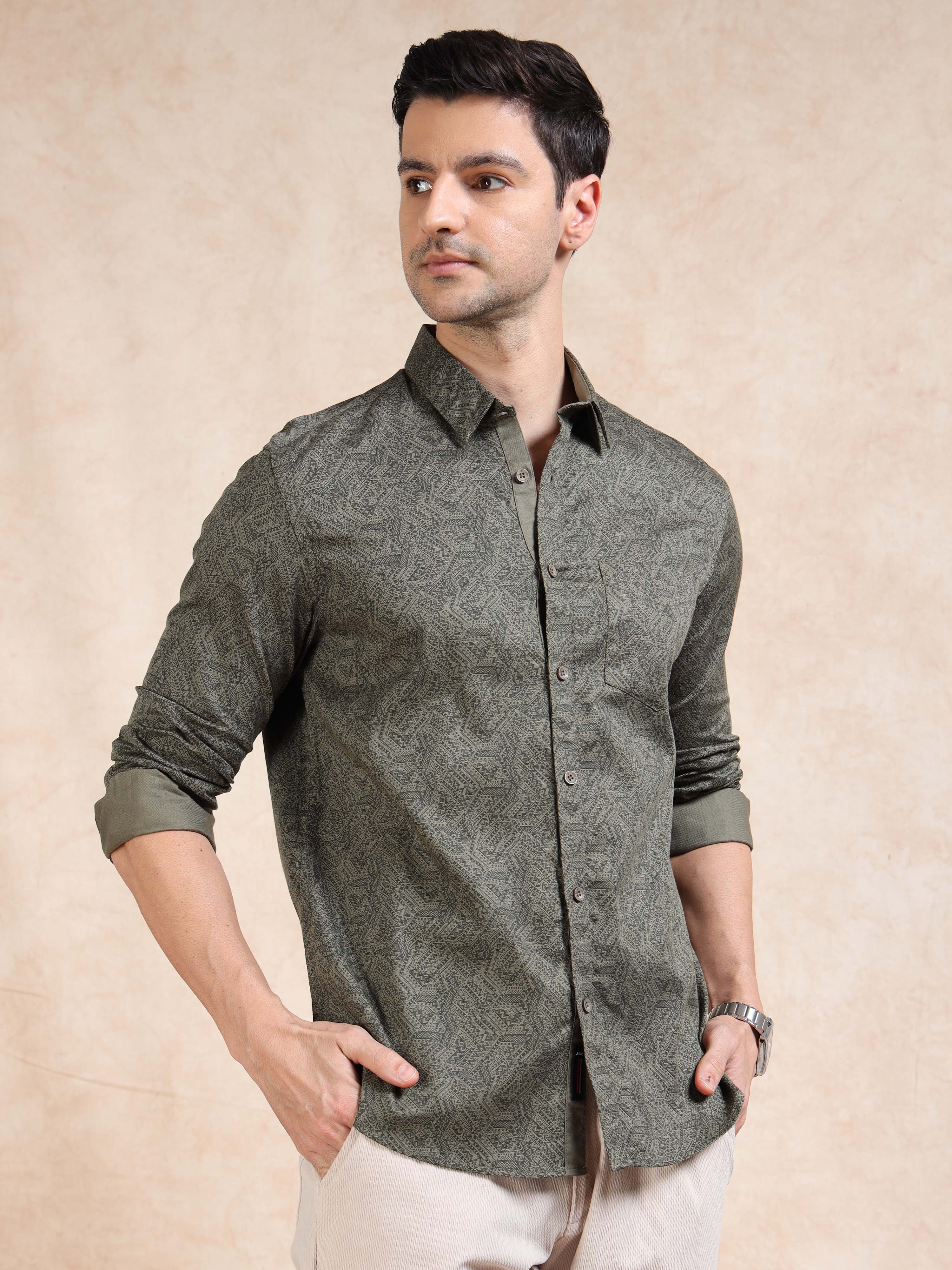 MEN'S GREEN PRINT SLIM FIT SHIRT