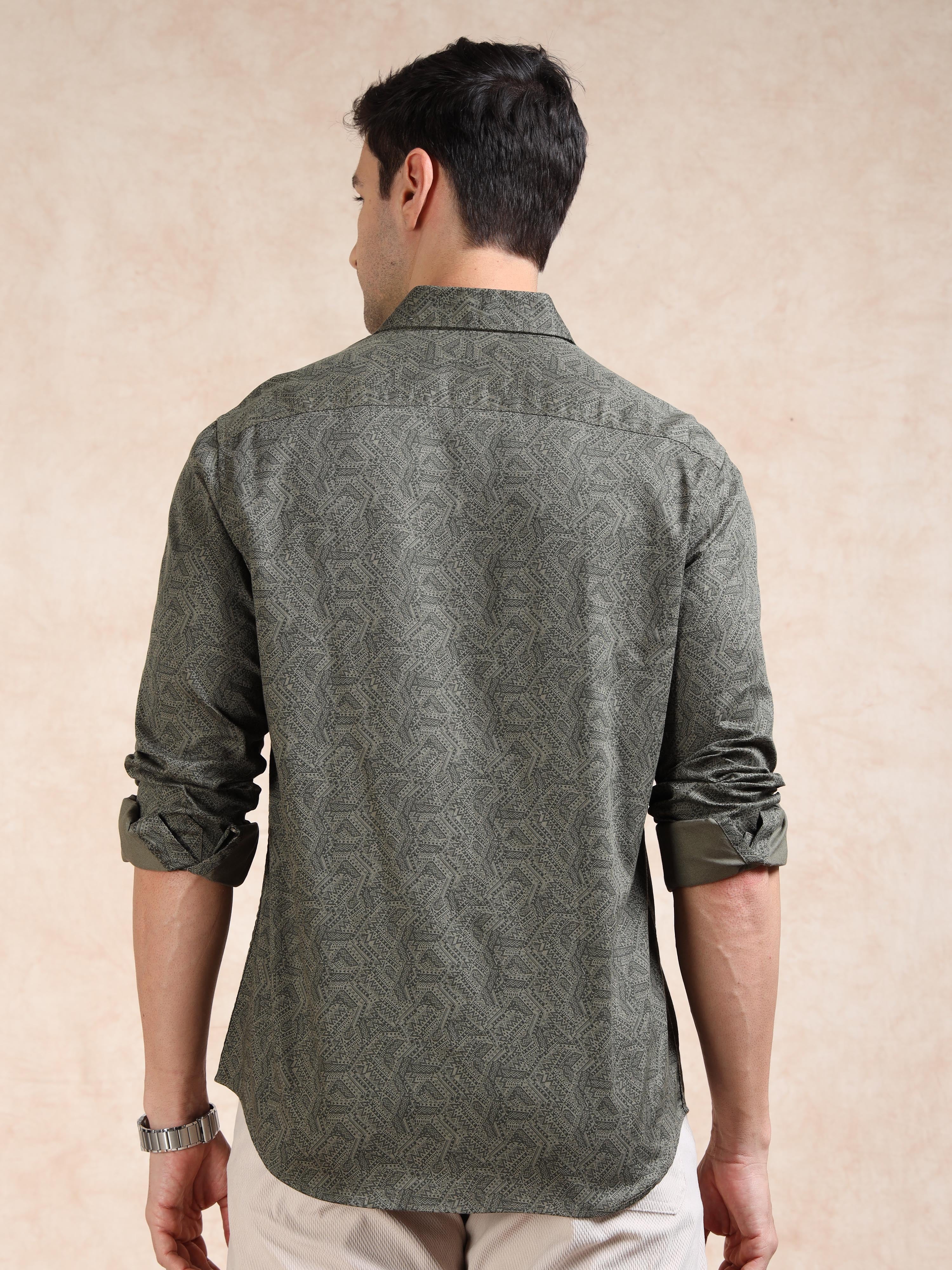 MEN'S GREEN PRINT SLIM FIT SHIRT