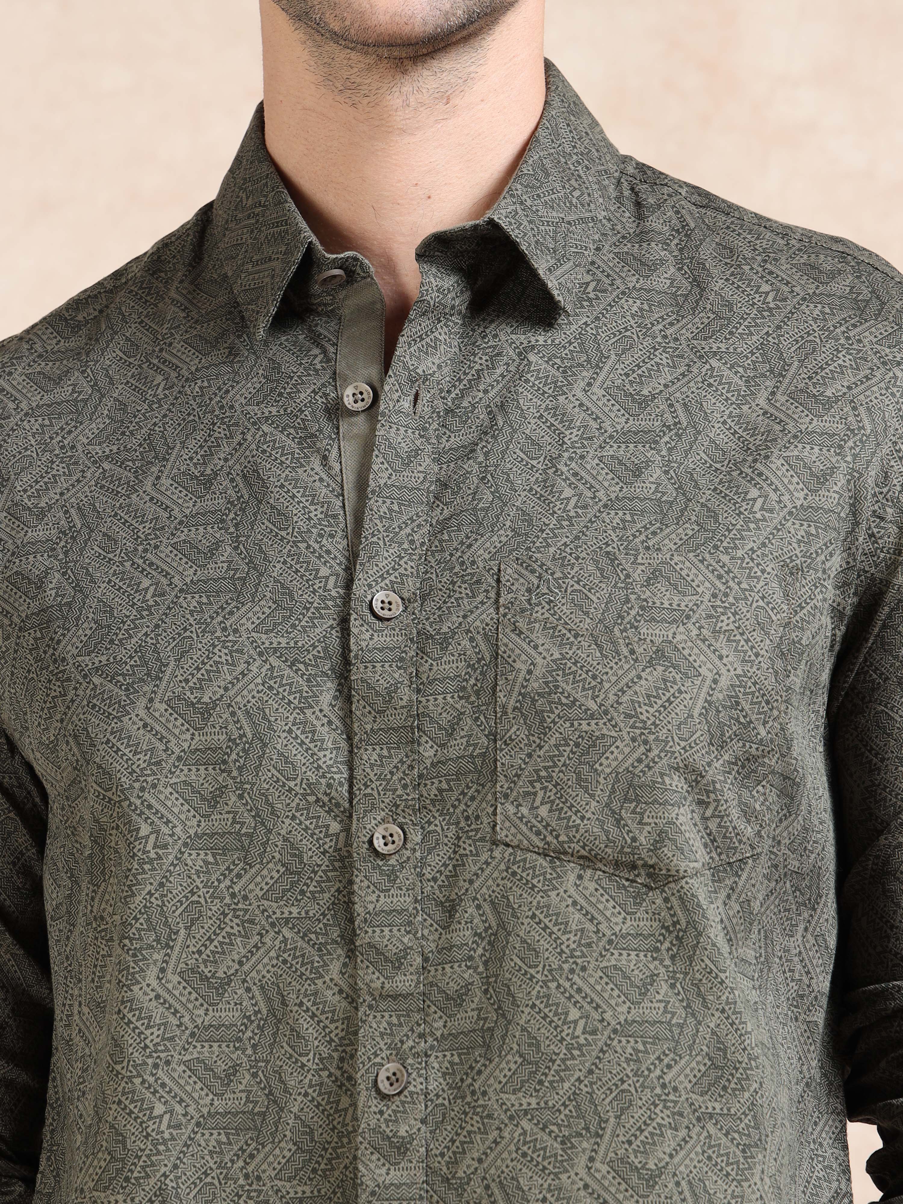 MEN'S GREEN PRINT SLIM FIT SHIRT