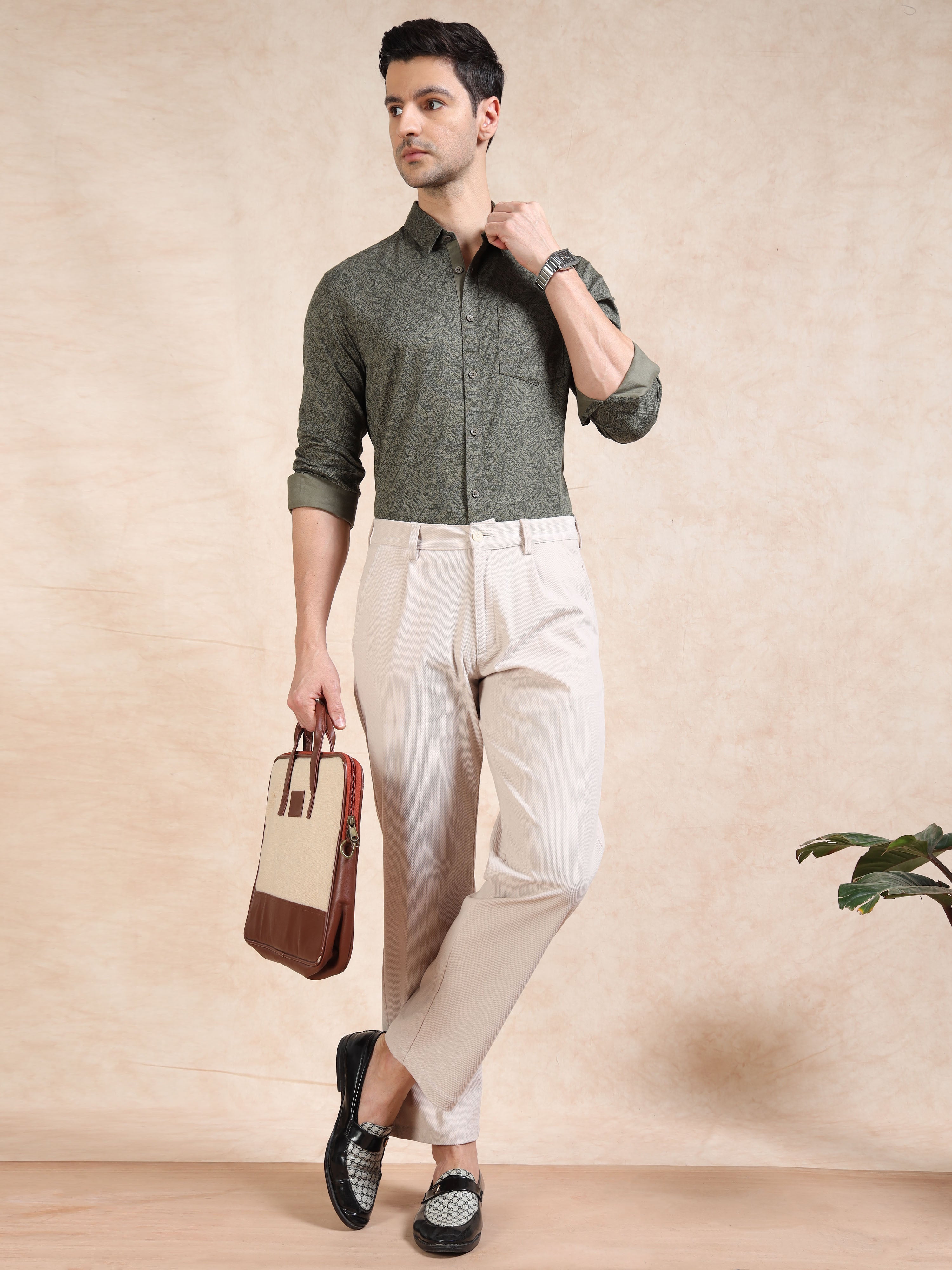 MEN'S GREEN PRINT SLIM FIT SHIRT