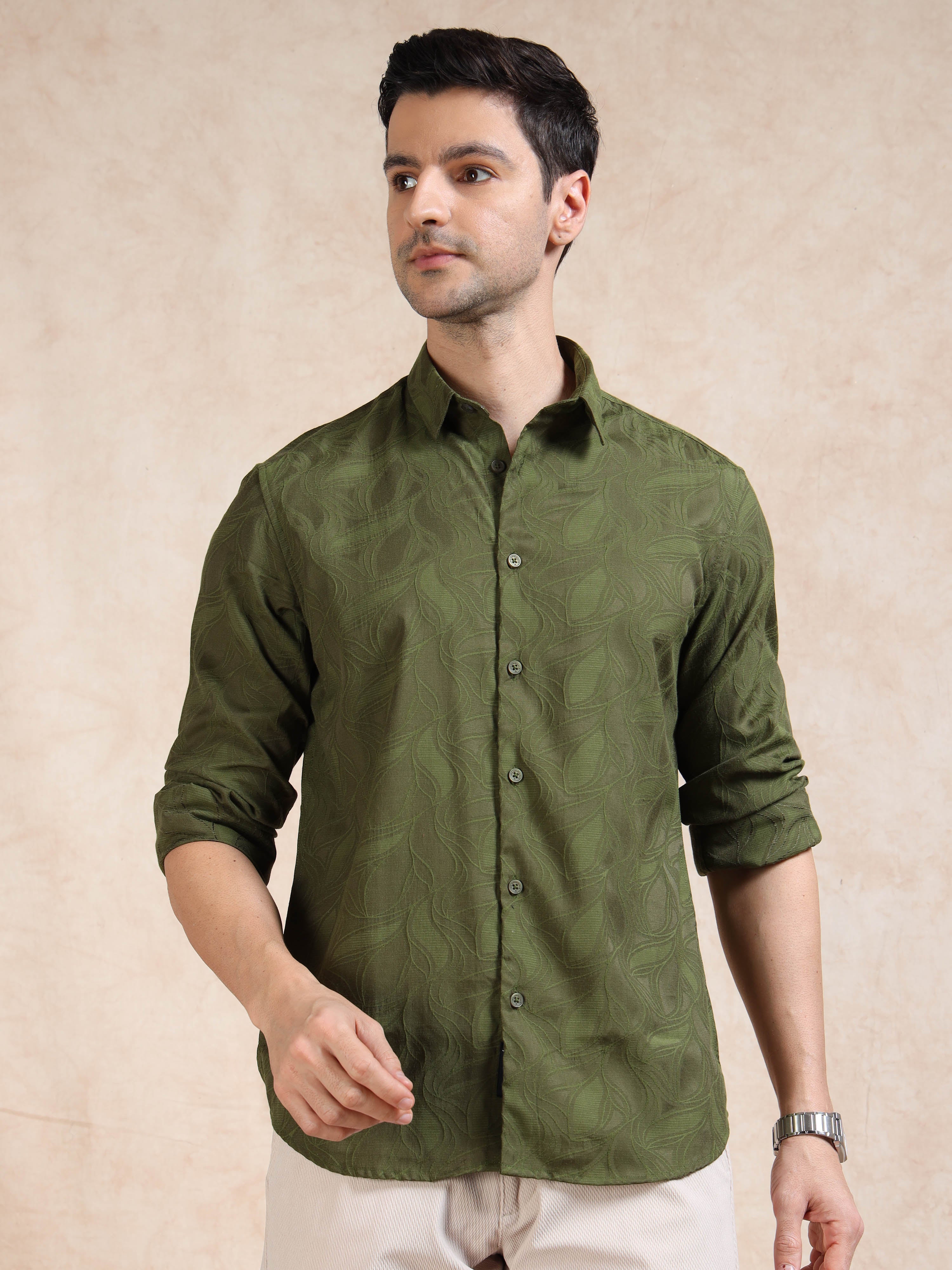 MEN'S GREEN SELF DESIGN SLIM FIT SHIRT