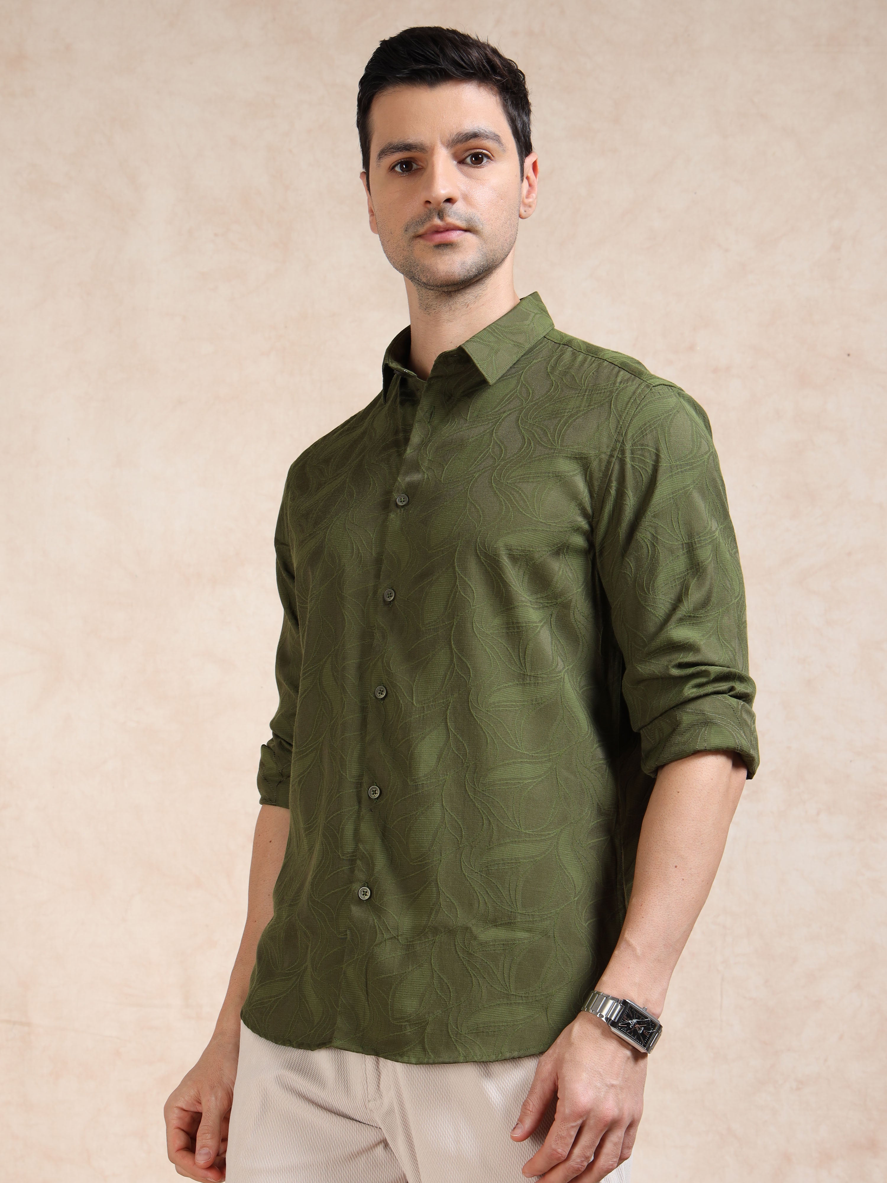 MEN'S GREEN SELF DESIGN SLIM FIT SHIRT