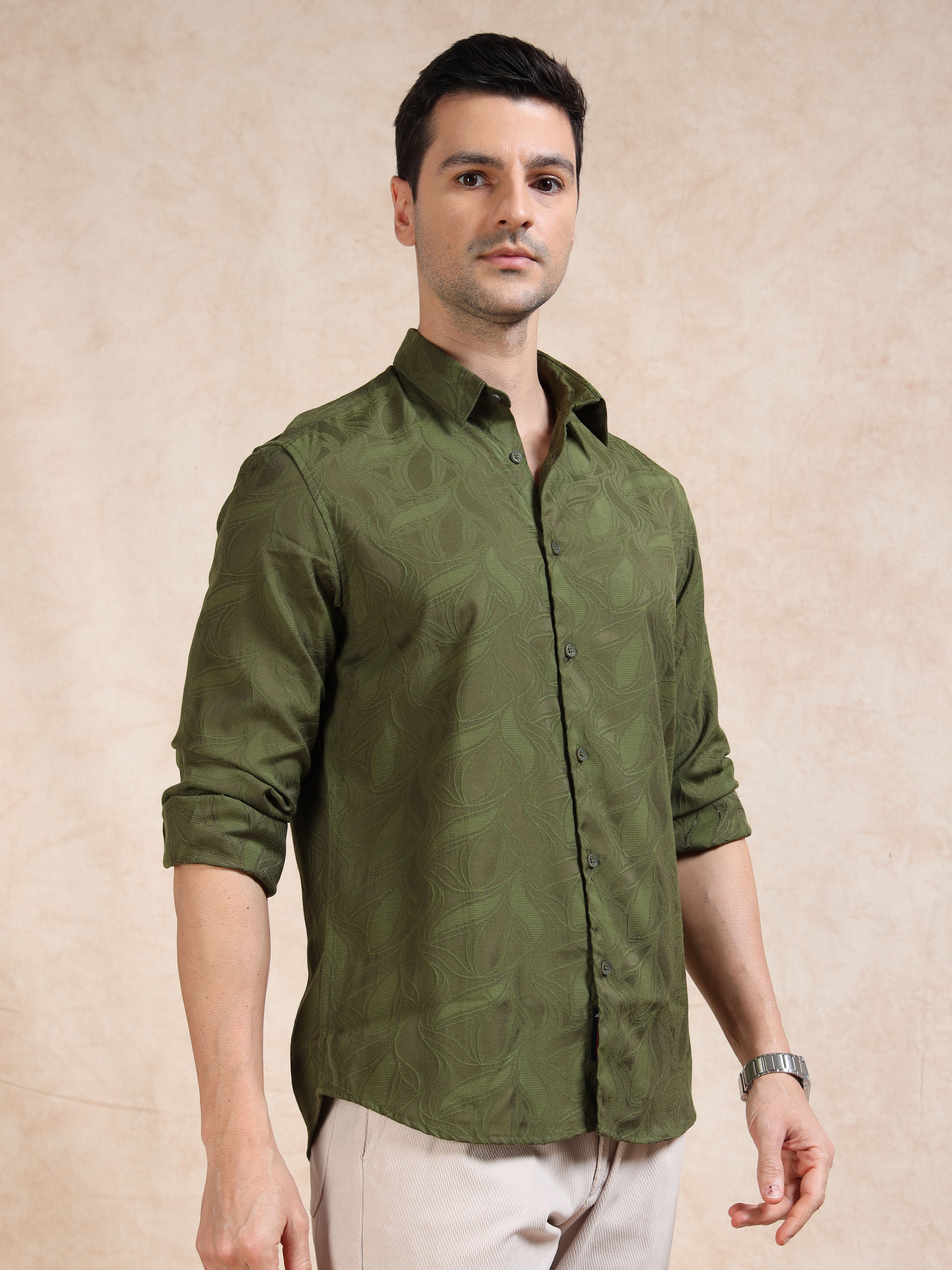 MEN'S GREEN SELF DESIGN SLIM FIT SHIRT