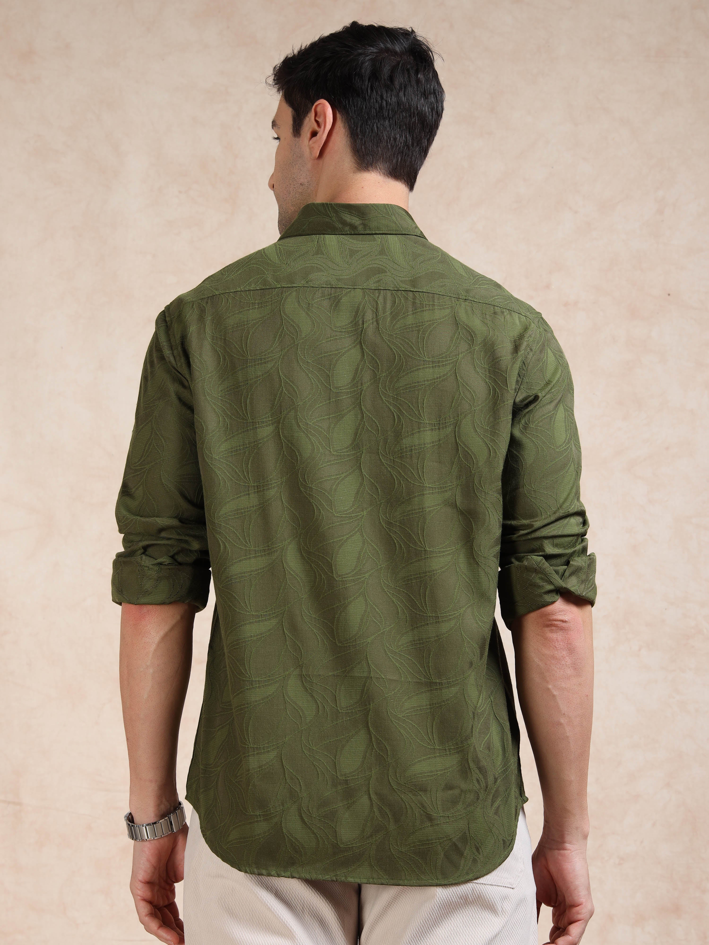 MEN'S GREEN SELF DESIGN SLIM FIT SHIRT