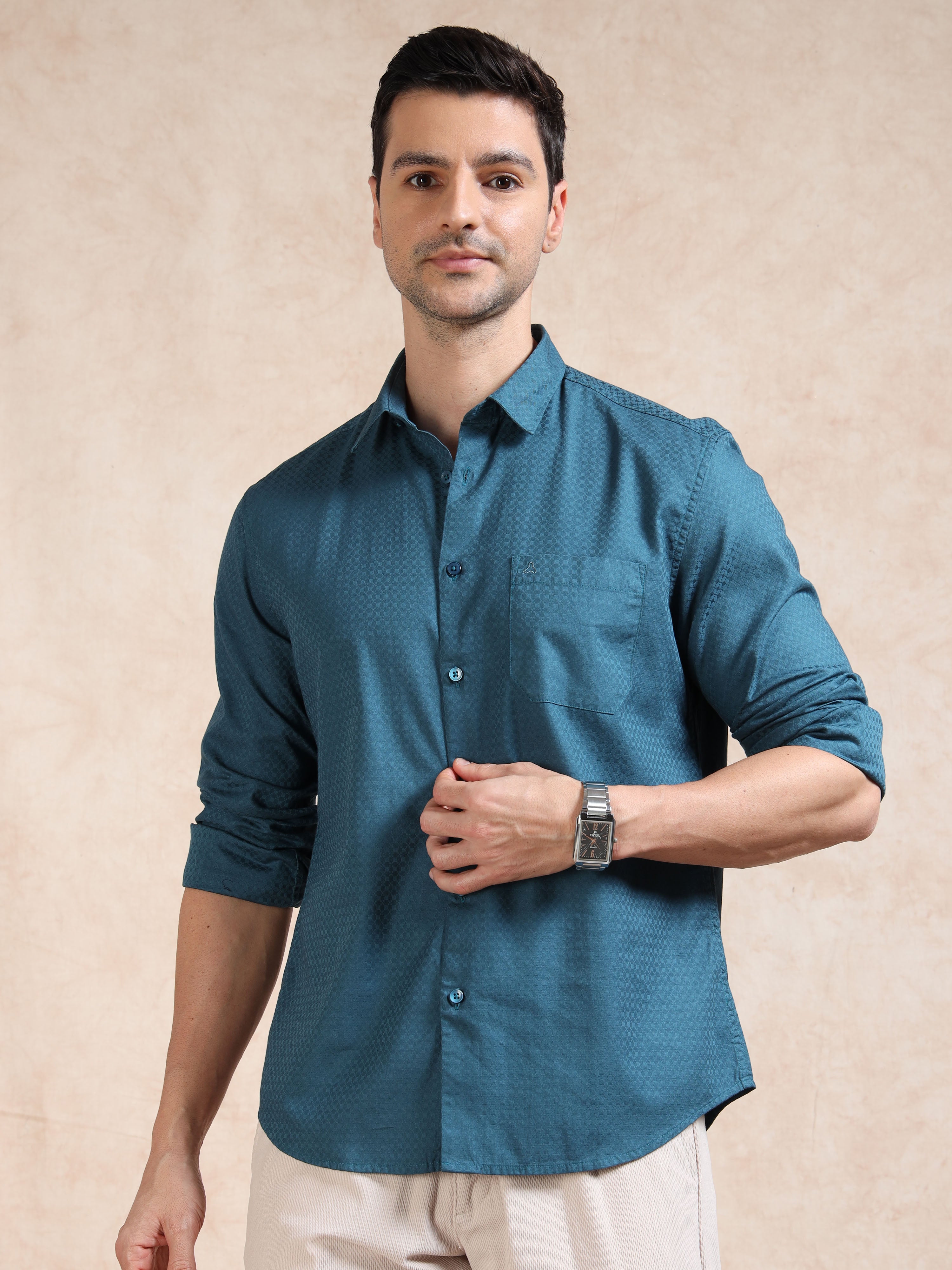 MEN'S P.GREEN SELF DESIGN SLIM FIT SHIRT