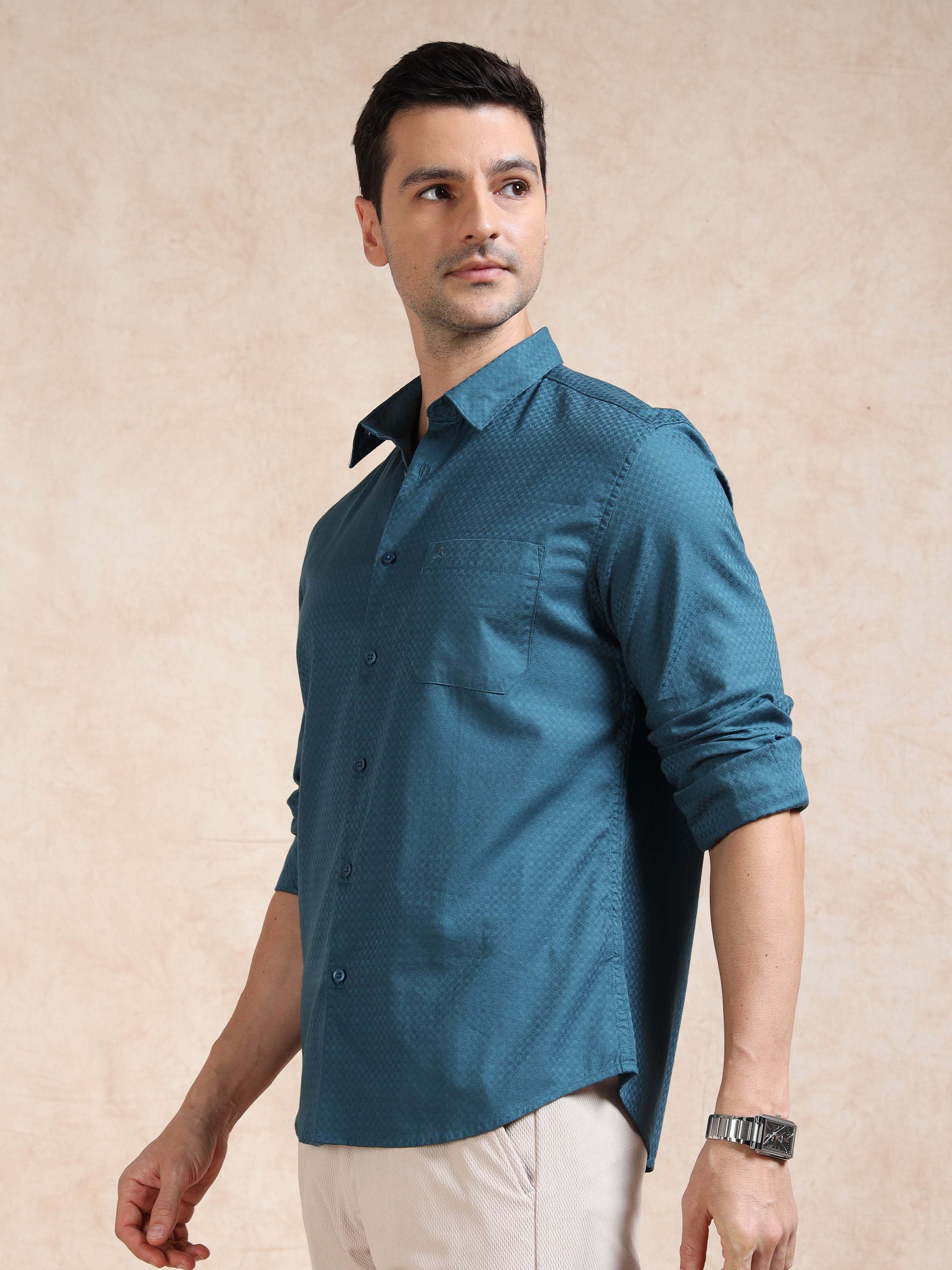 MEN'S P.GREEN SELF DESIGN SLIM FIT SHIRT