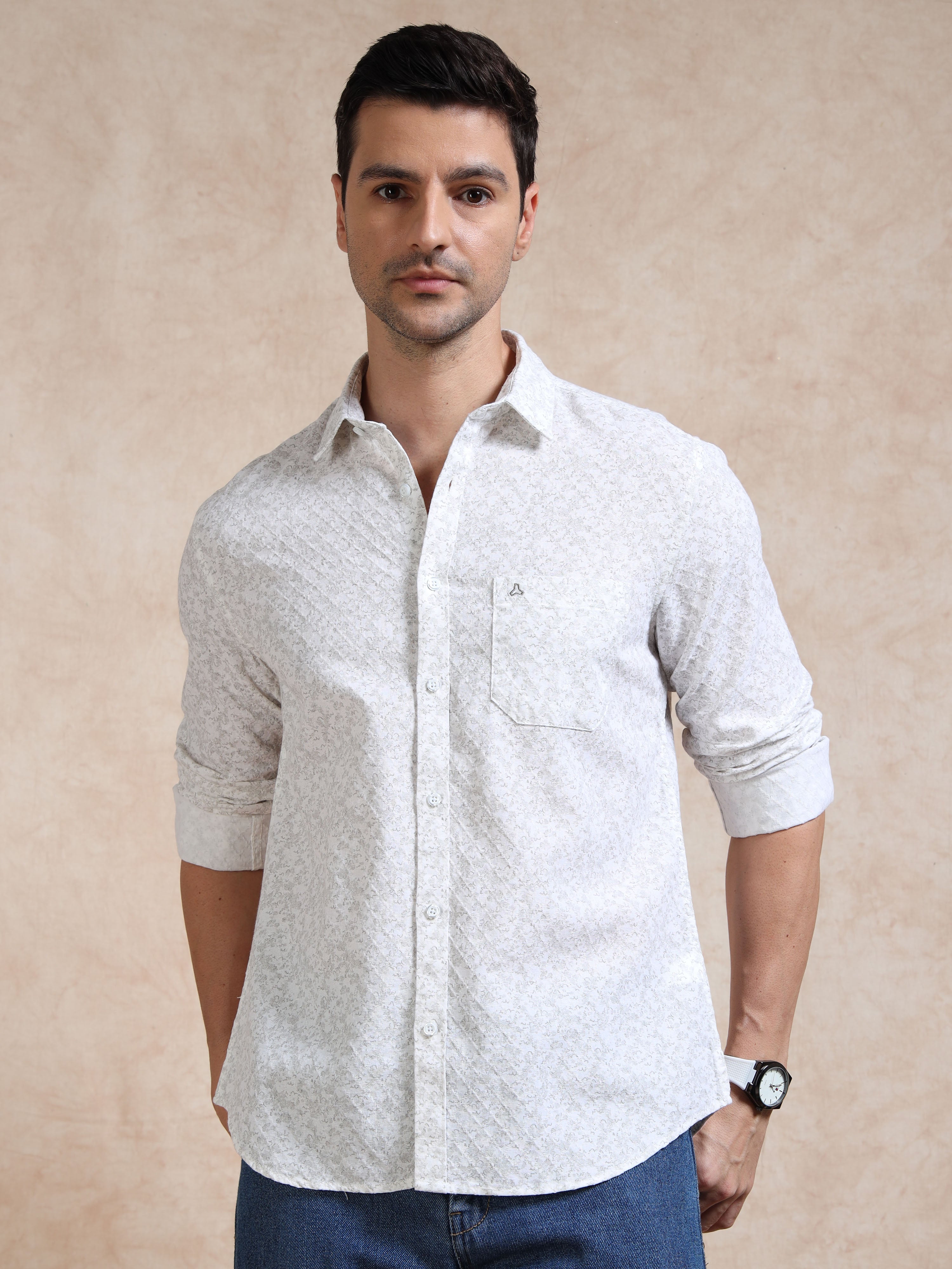 MEN'S WHITE PRINT SLIM FIT SHIRT