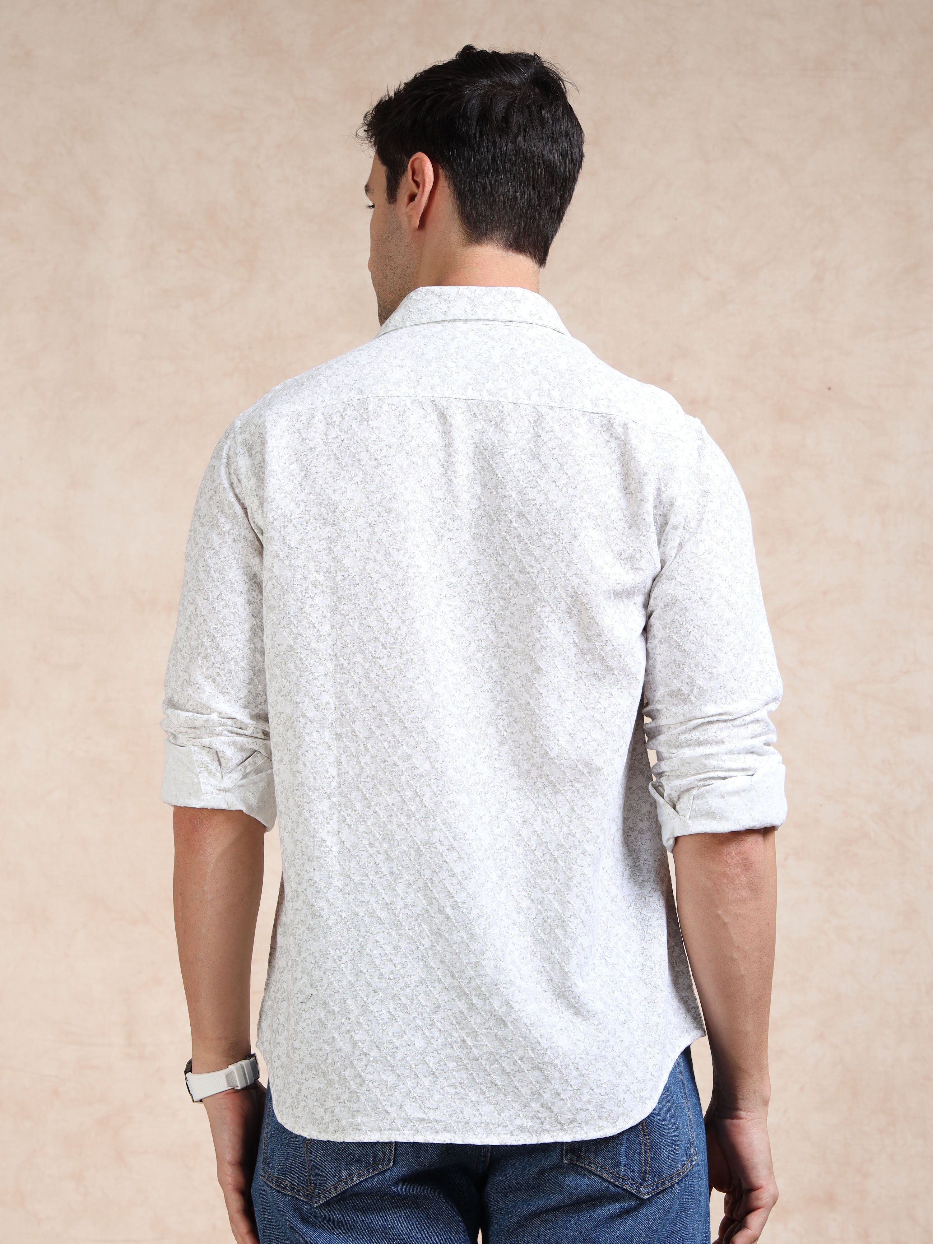 MEN'S WHITE PRINT SLIM FIT SHIRT
