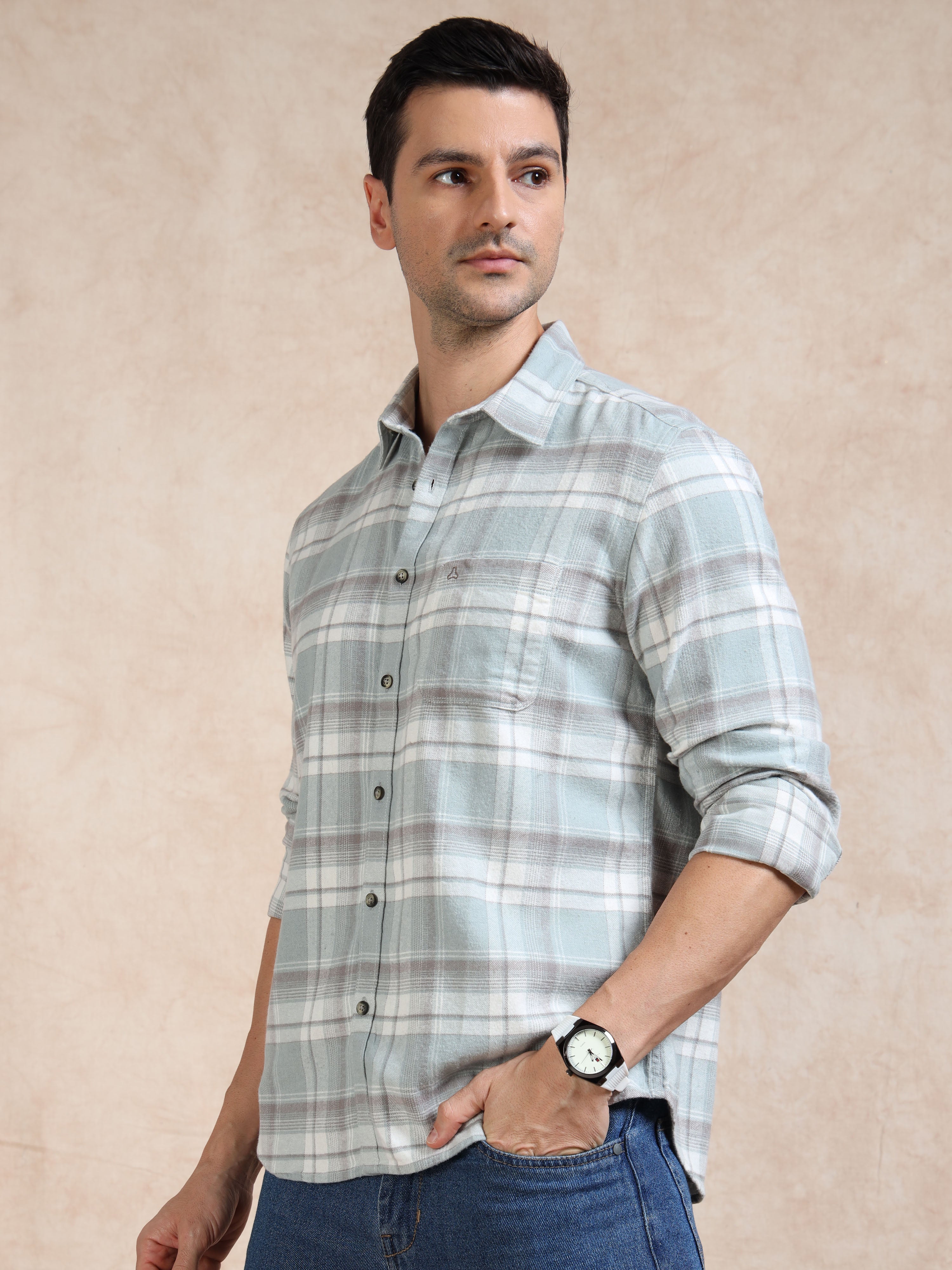 MEN'S LT BLUE  BRUSHING CHECKS SLIM FIT SHIRT