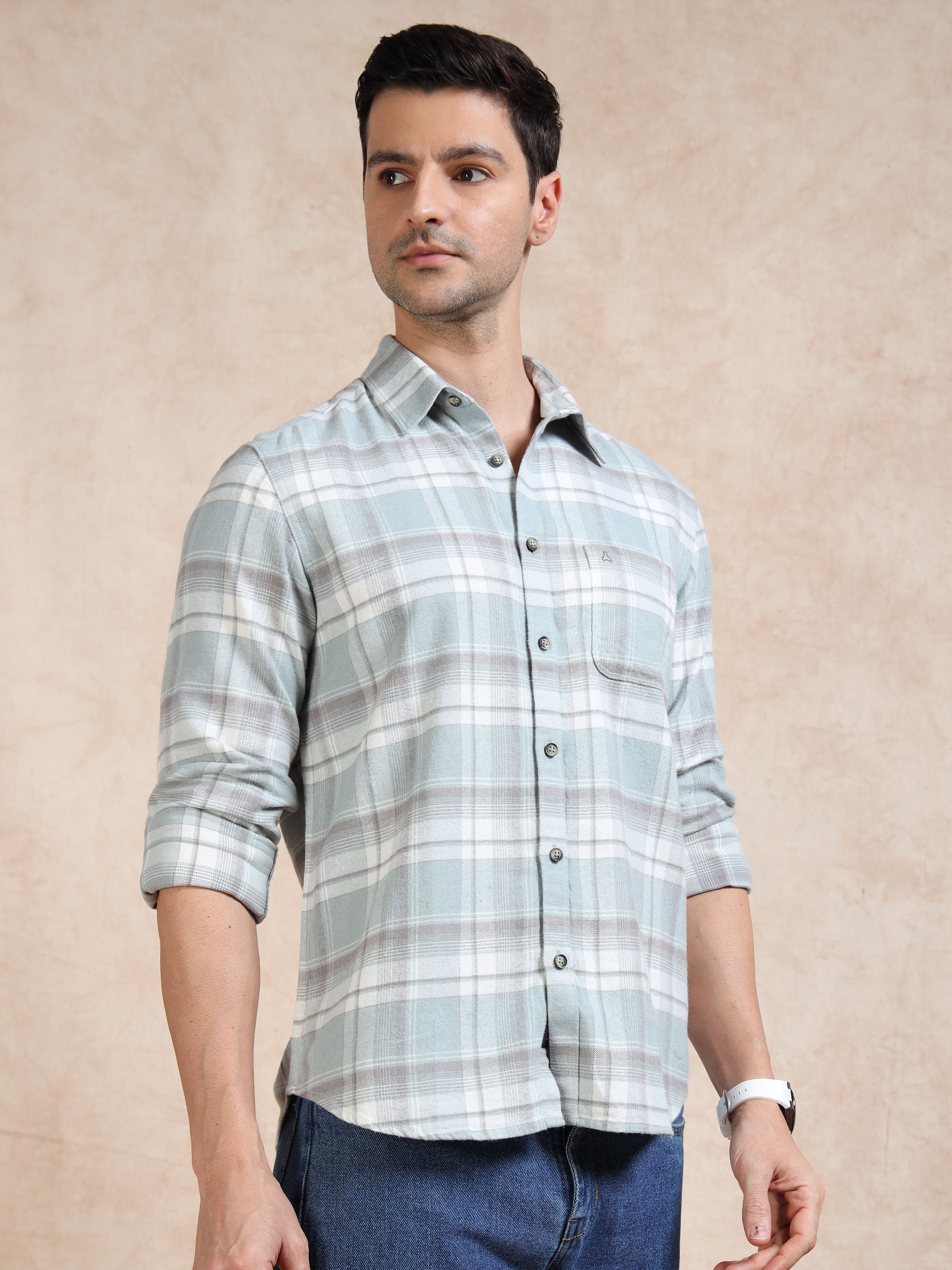 MEN'S LT BLUE  BRUSHING CHECKS SLIM FIT SHIRT