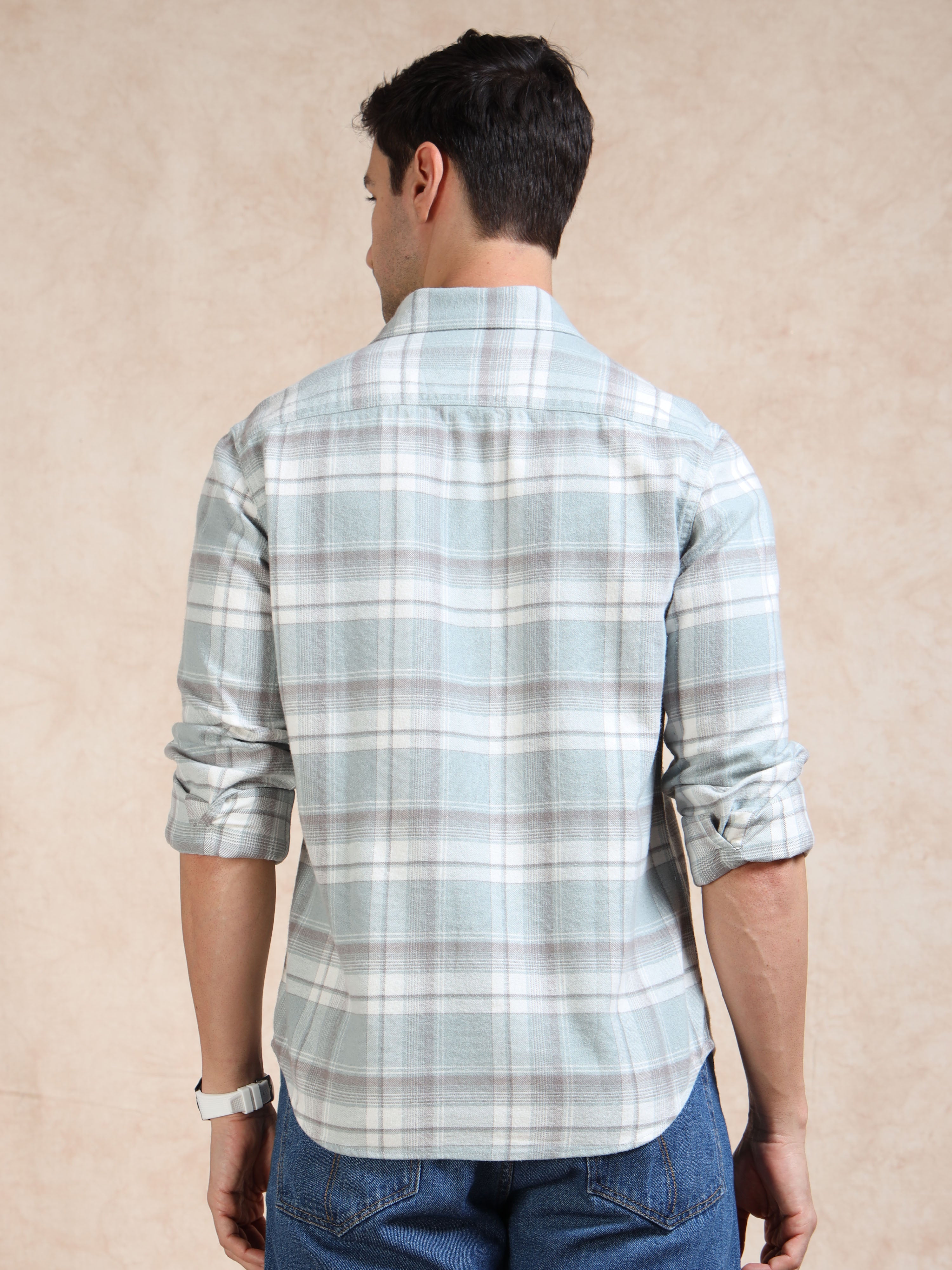 MEN'S LT BLUE  BRUSHING CHECKS SLIM FIT SHIRT