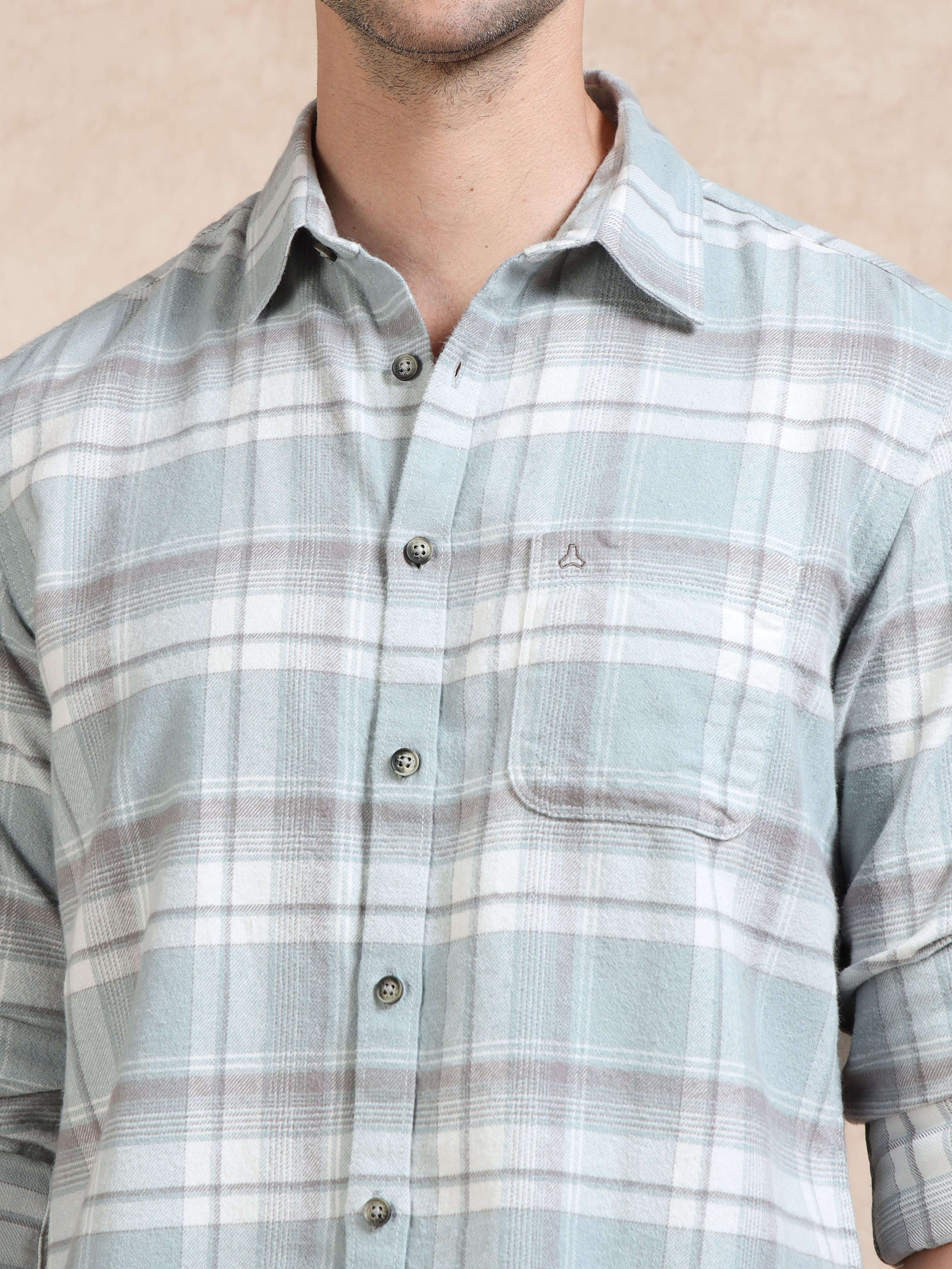 MEN'S LT BLUE  BRUSHING CHECKS SLIM FIT SHIRT