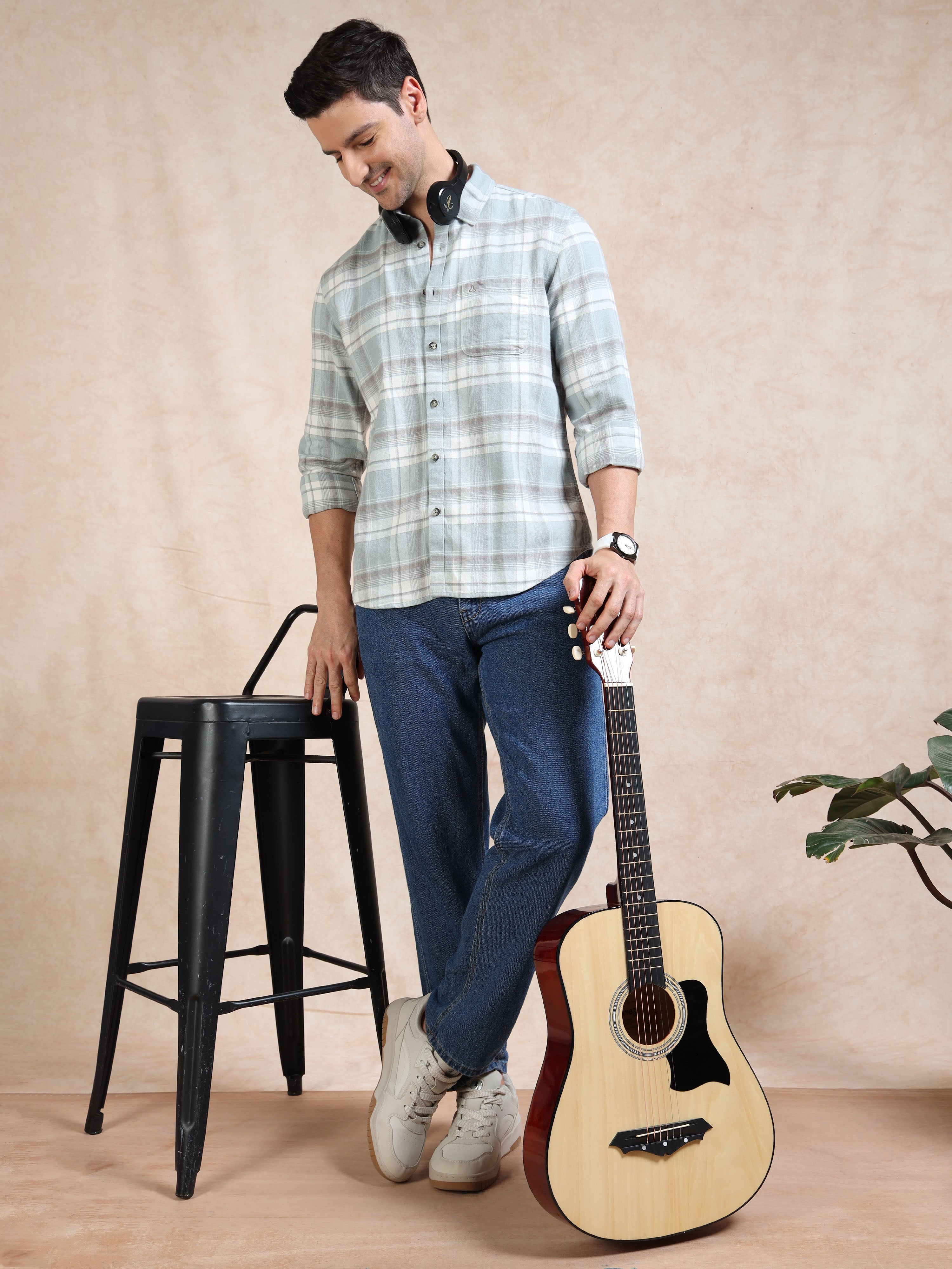 MEN'S LT BLUE  BRUSHING CHECKS SLIM FIT SHIRT