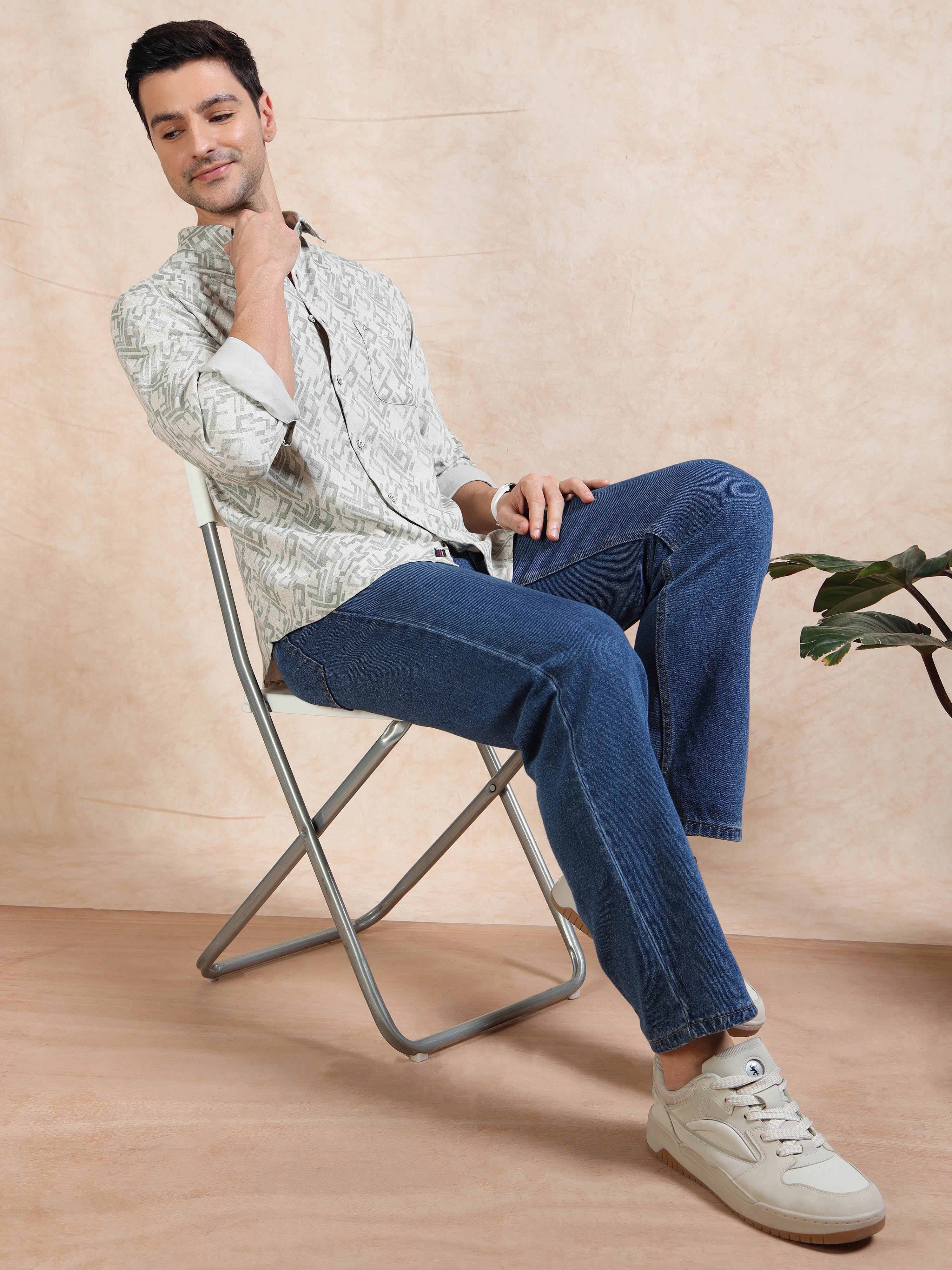 MEN'S GREEN PRINT SLIM FIT SHIRT