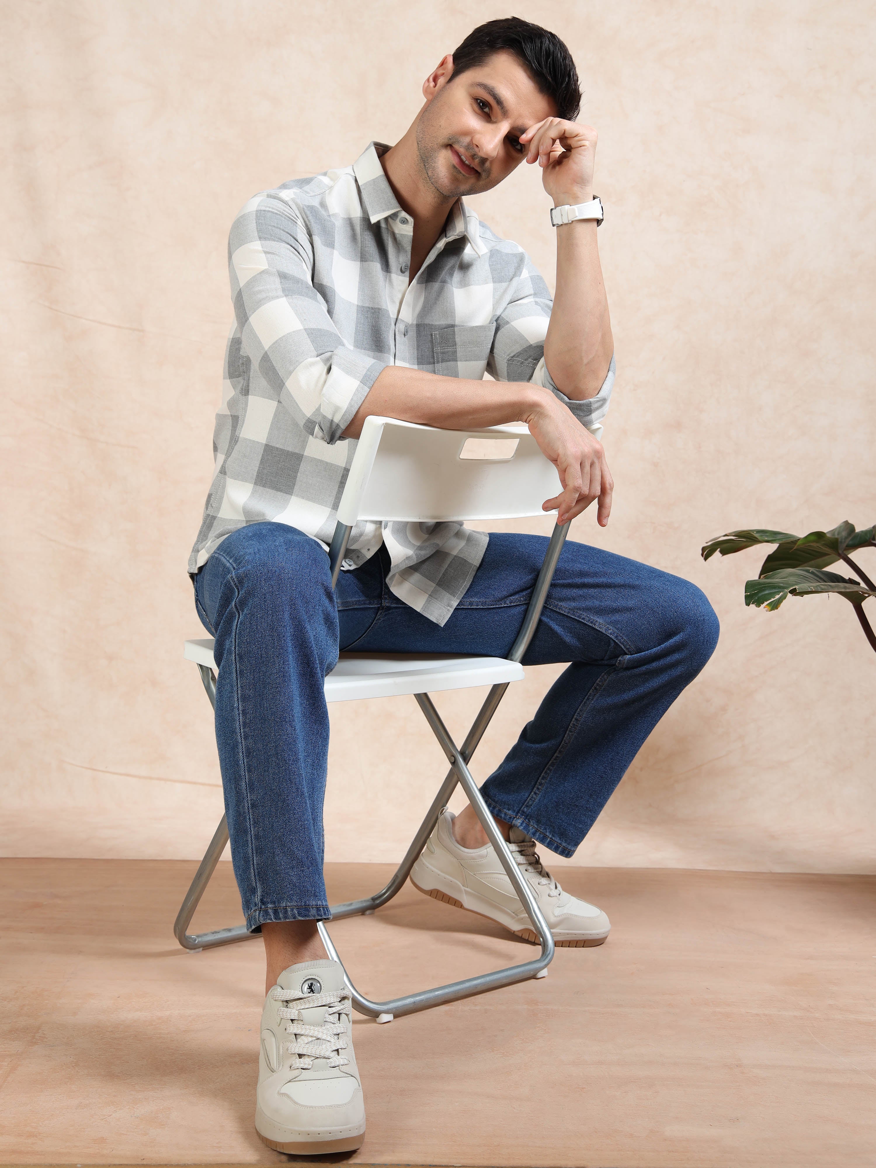 MEN'S GREY CHECKS SLIM FIT SHIRT