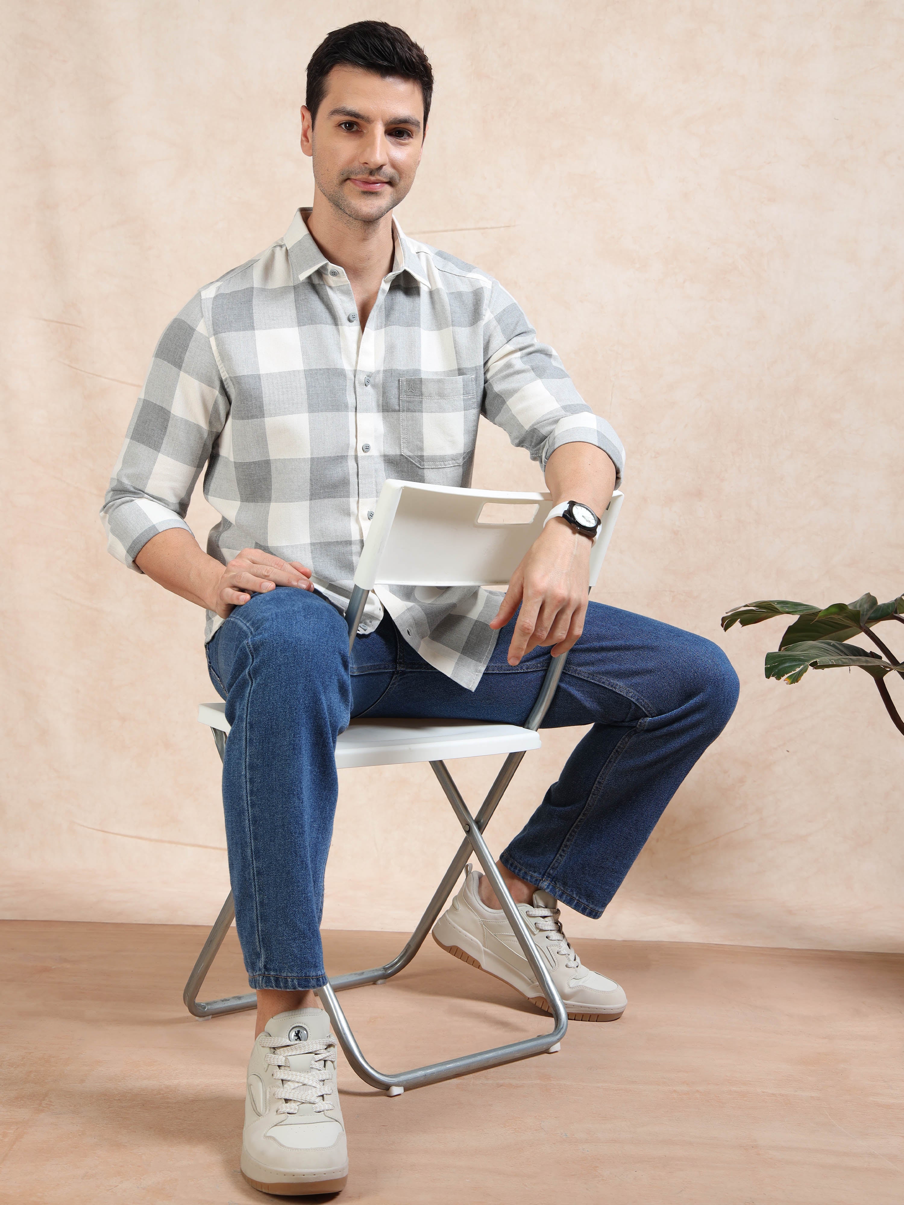 MEN'S GREY CHECKS SLIM FIT SHIRT