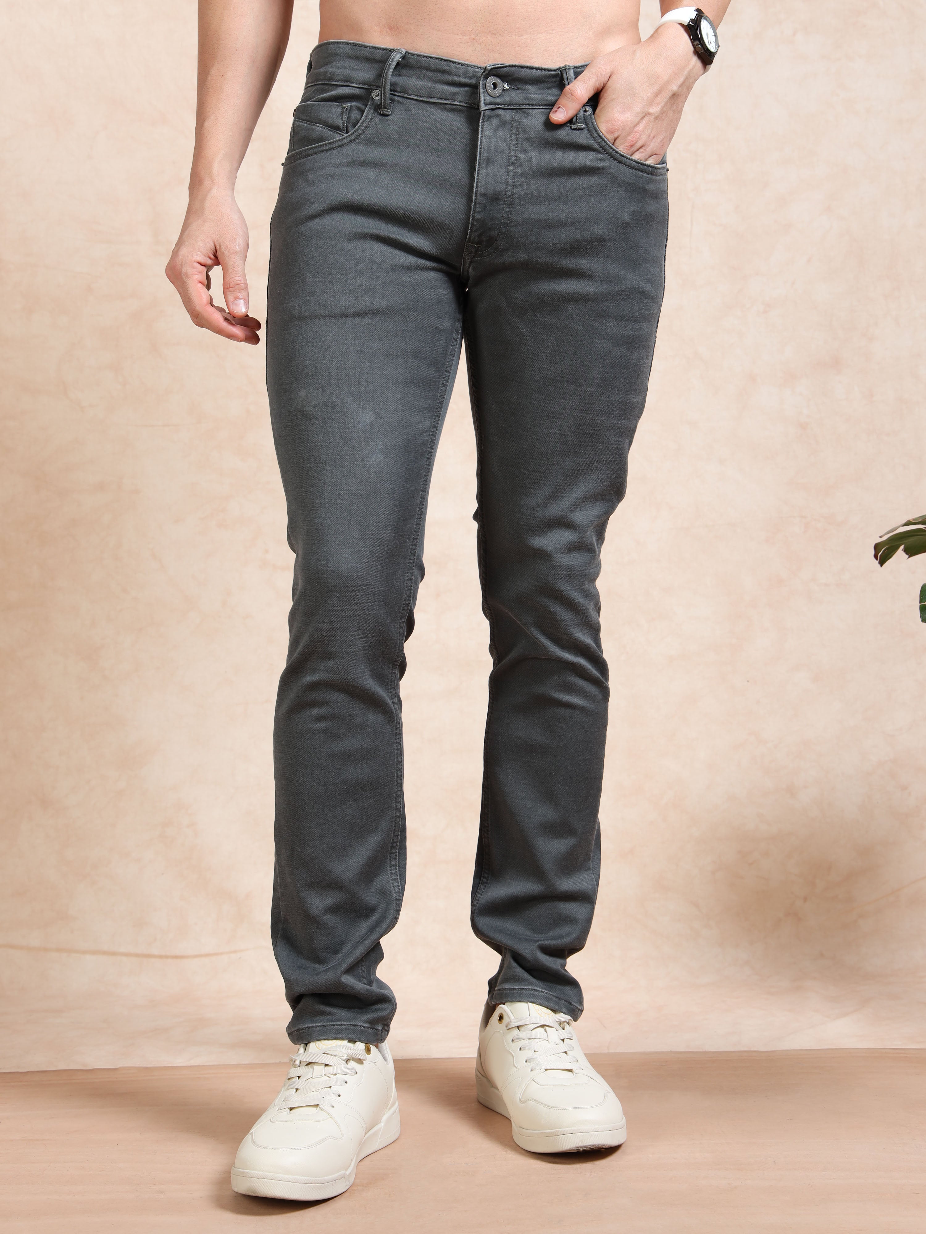 MEN'S GREY SOLID SLIM FIT JEANS