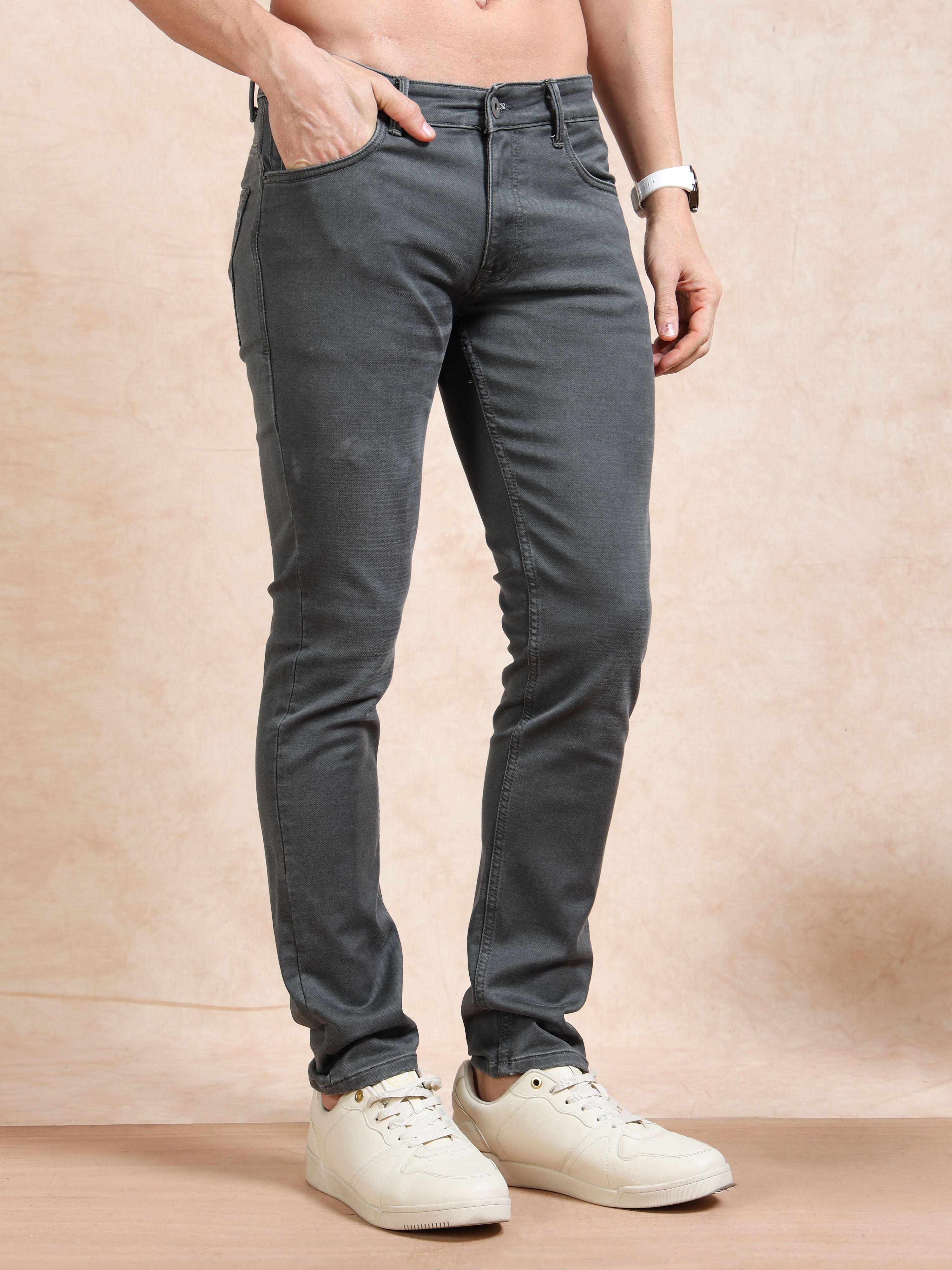 MEN'S GREY SOLID SLIM FIT JEANS