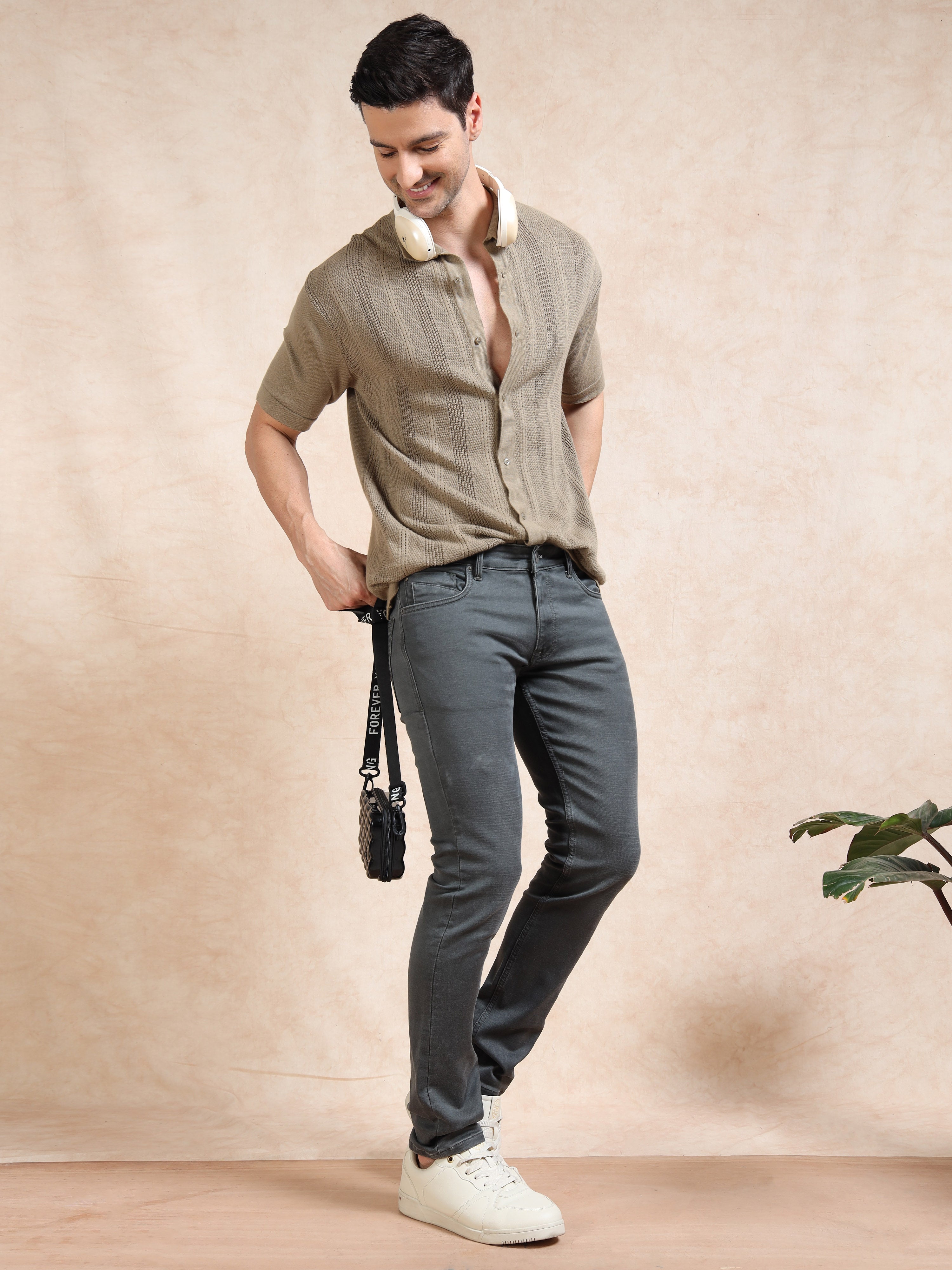 MEN'S GREY SOLID SLIM FIT JEANS