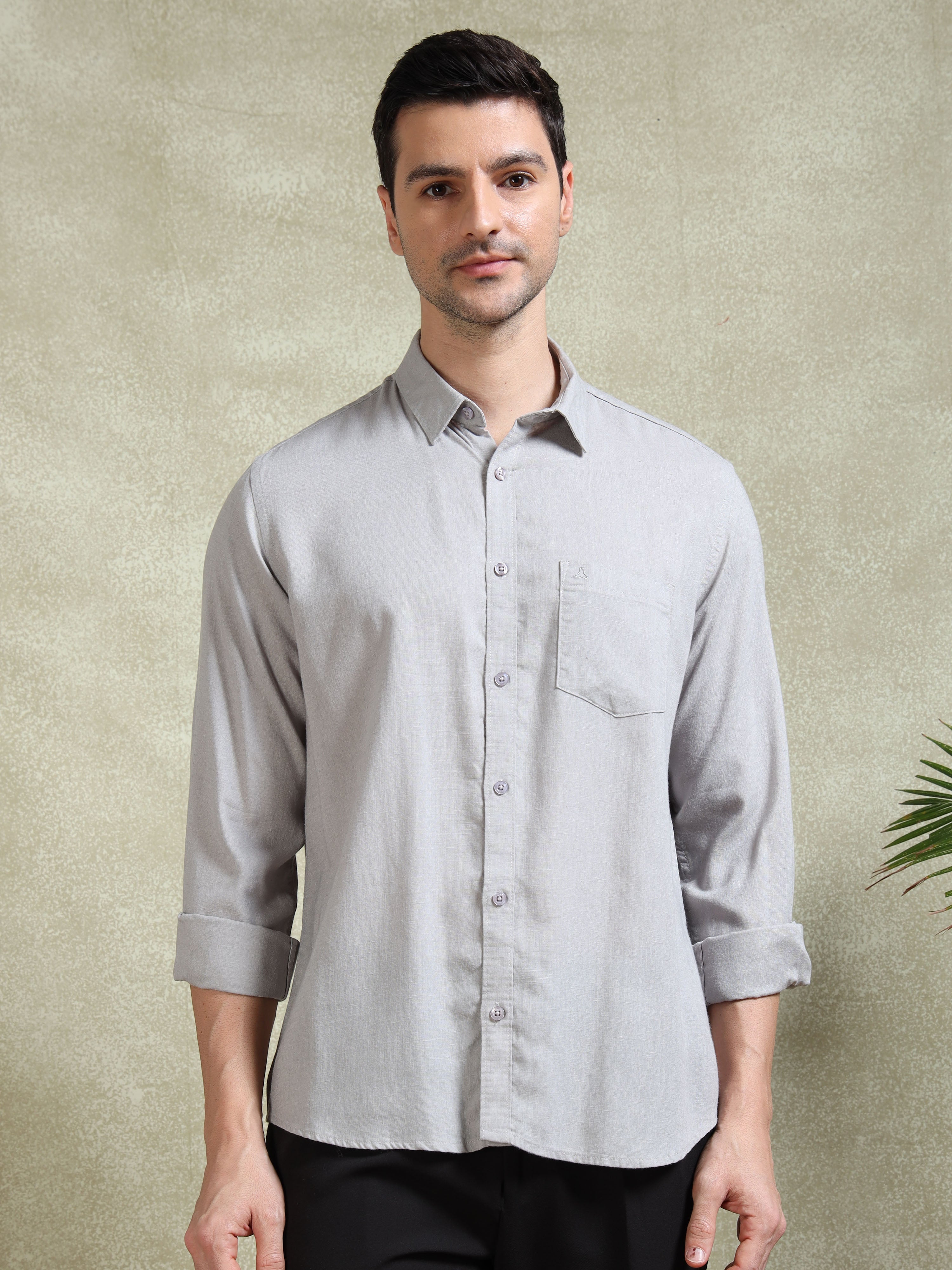MEN'S SILVER SOLID SLIM FIT LINEN SHIRT