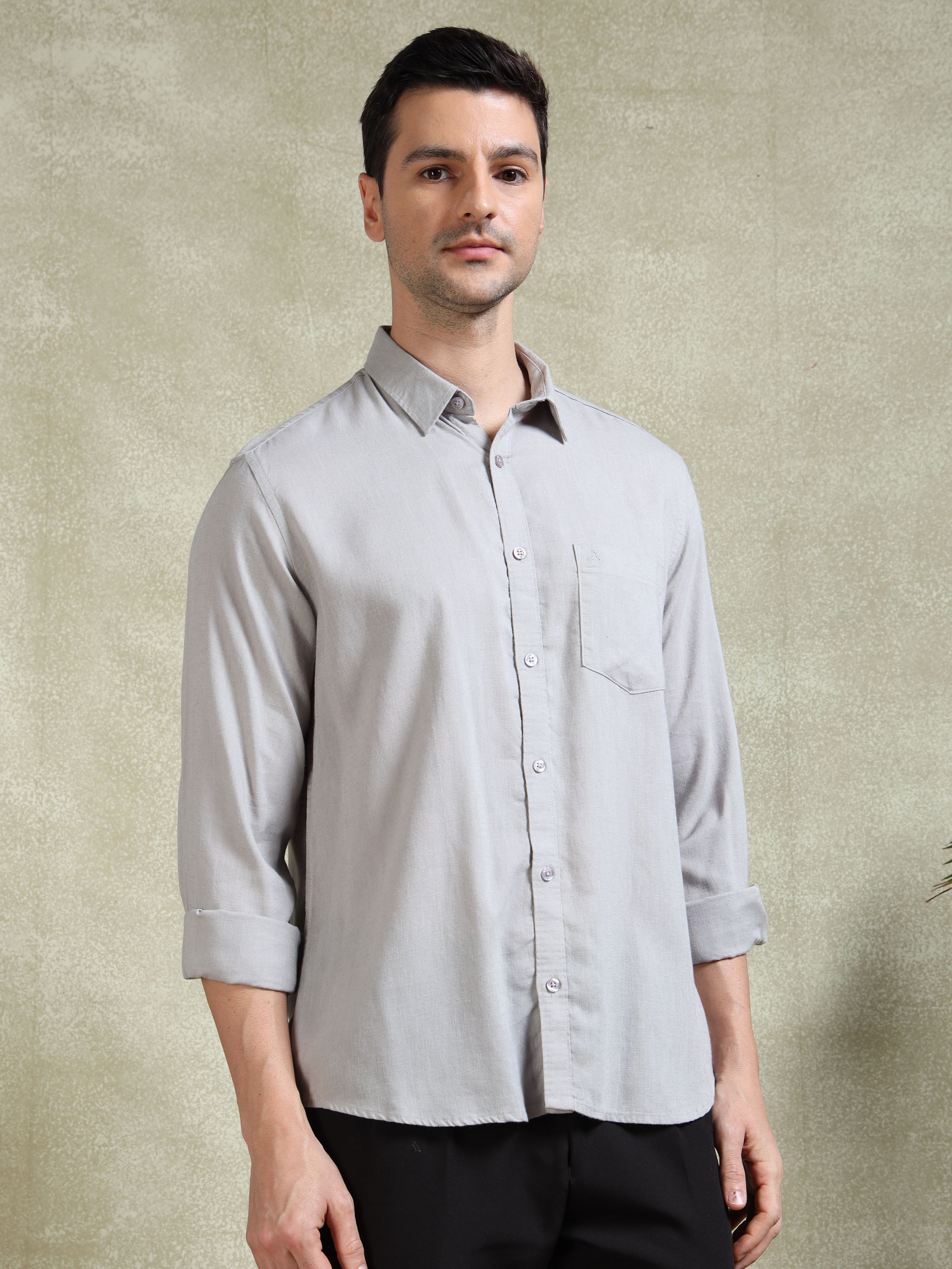 MEN'S SILVER SOLID SLIM FIT LINEN SHIRT