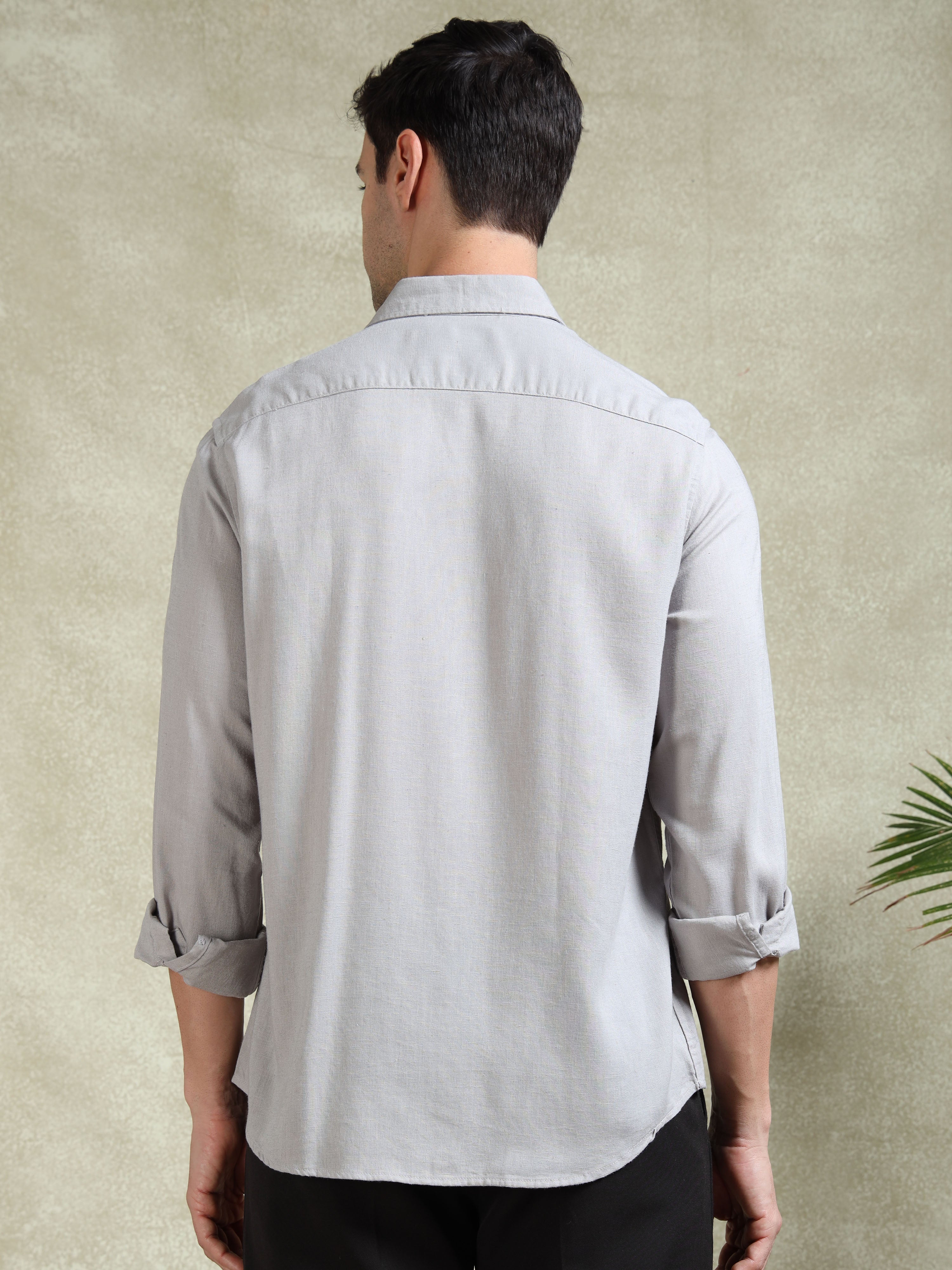 MEN'S SILVER SOLID SLIM FIT LINEN SHIRT