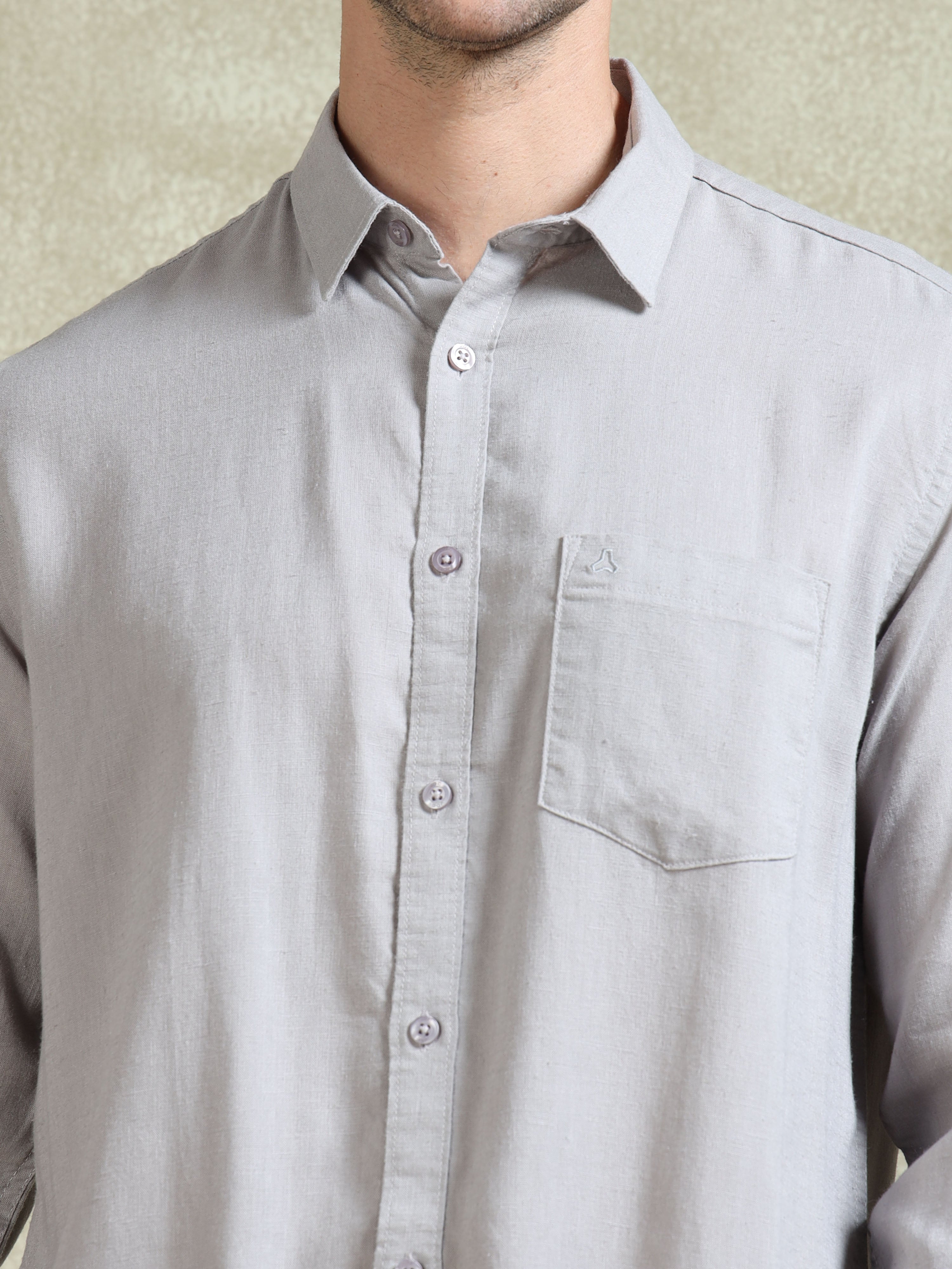 MEN'S SILVER SOLID SLIM FIT LINEN SHIRT