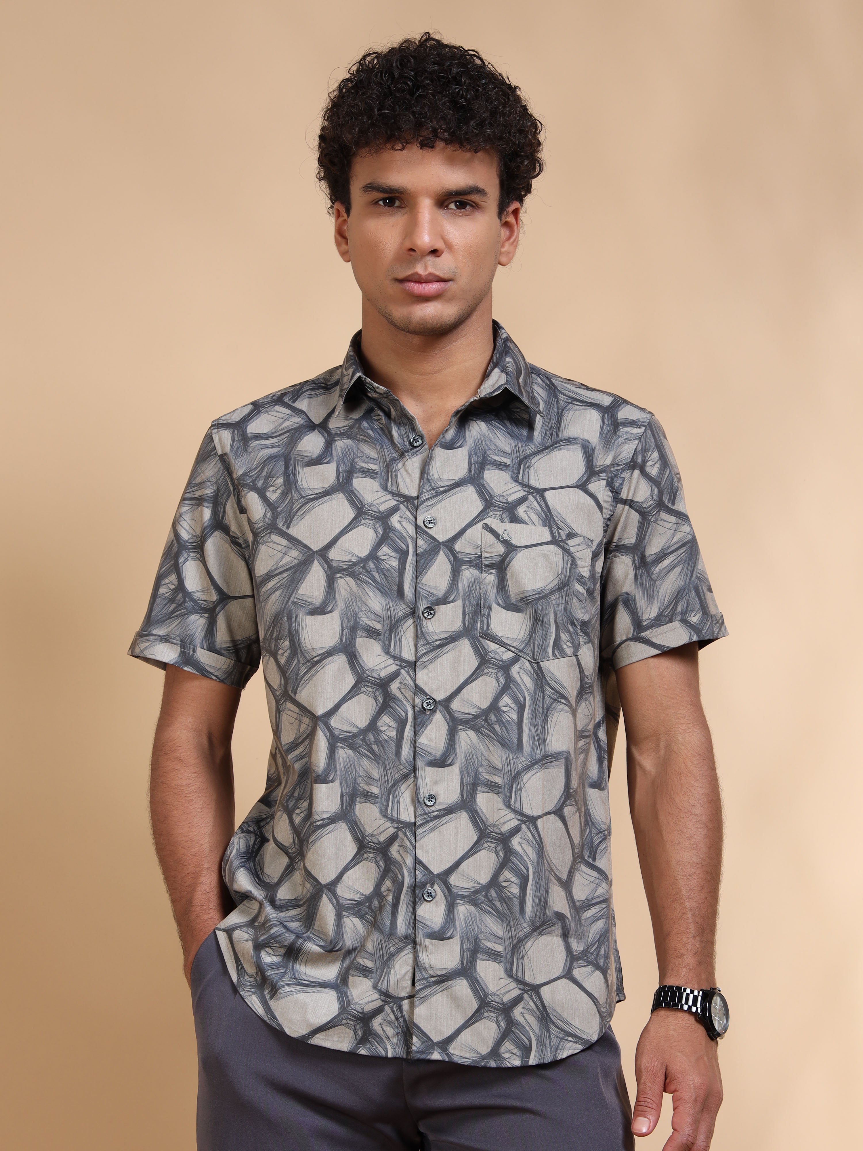 MEN'S DK.GREY PRINT SLIM FIT SHIRT