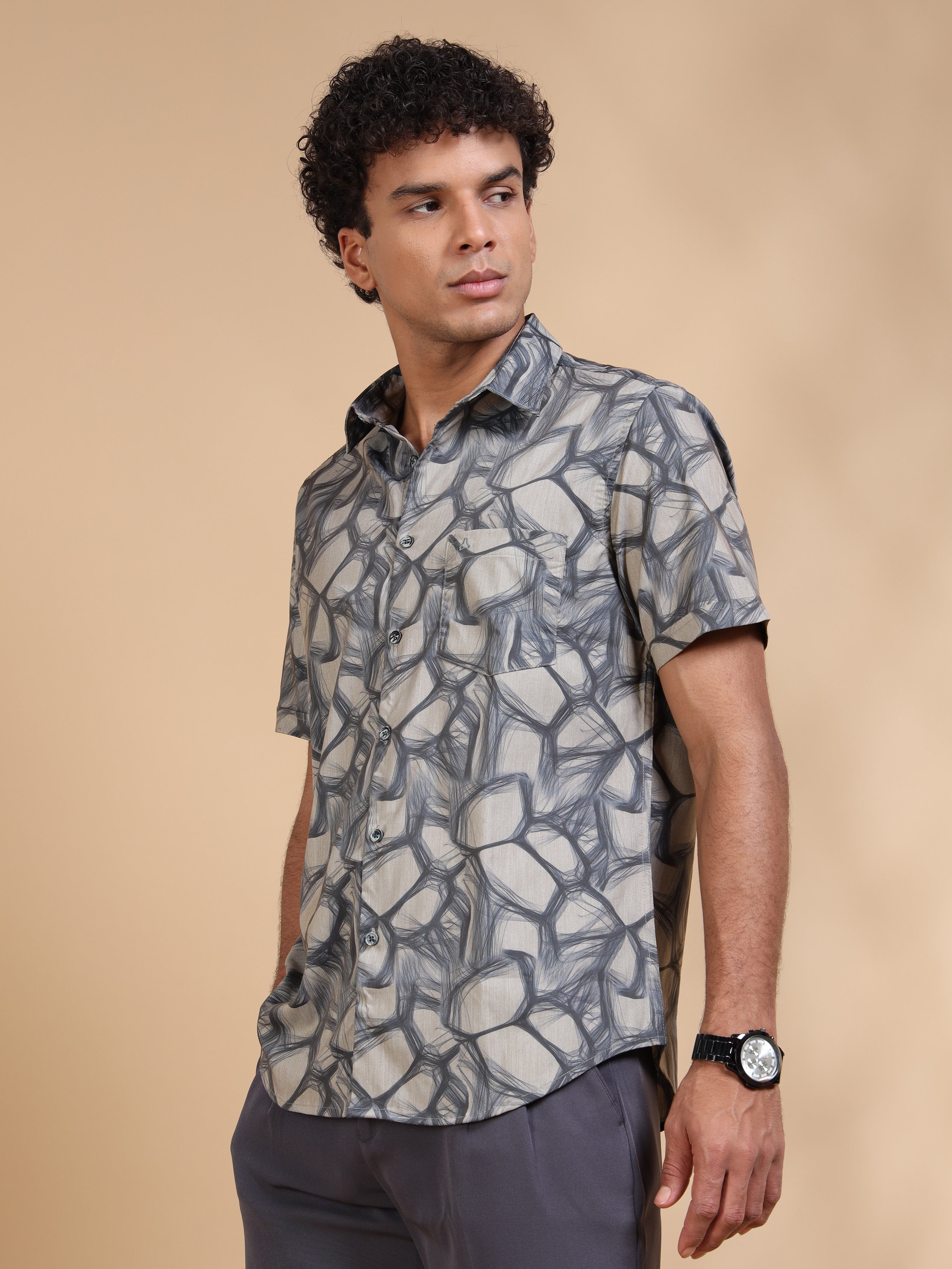 MEN'S DK.GREY PRINT SLIM FIT SHIRT