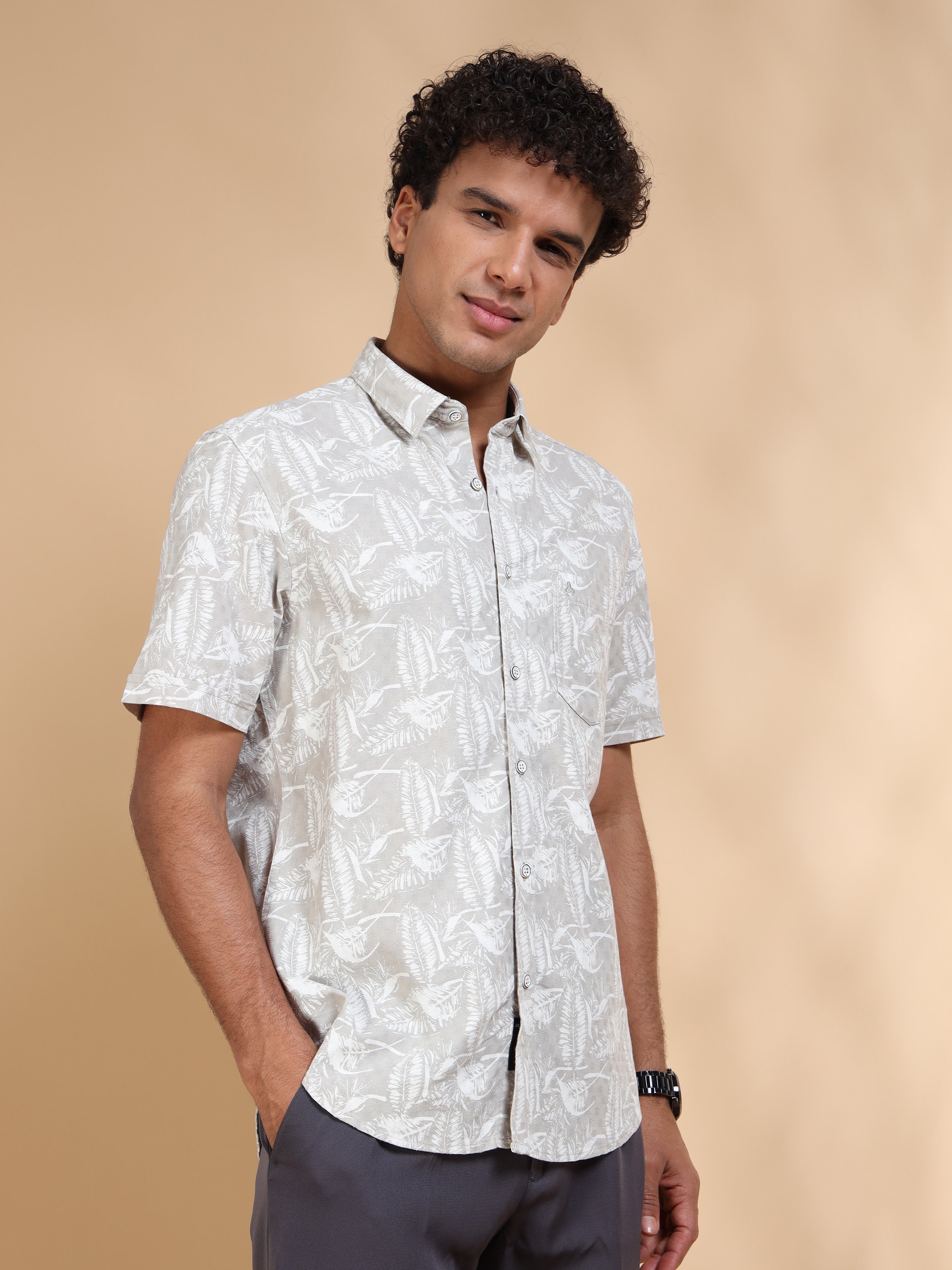 MEN'S GREY PRINT SLIM FIT SHIRT