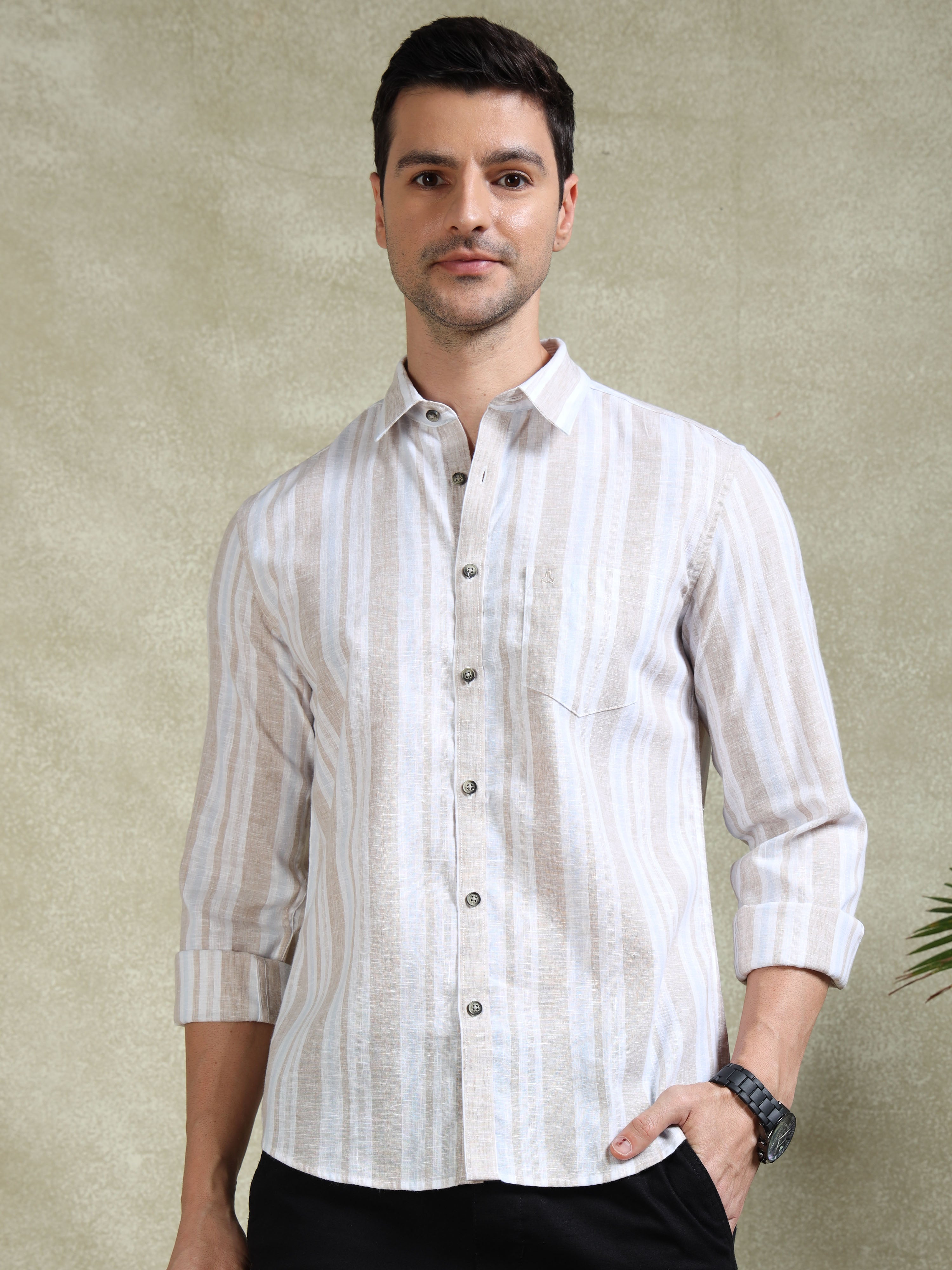 MEN'S DK.BEIGE STRIPE SLIM FIT SHIRT