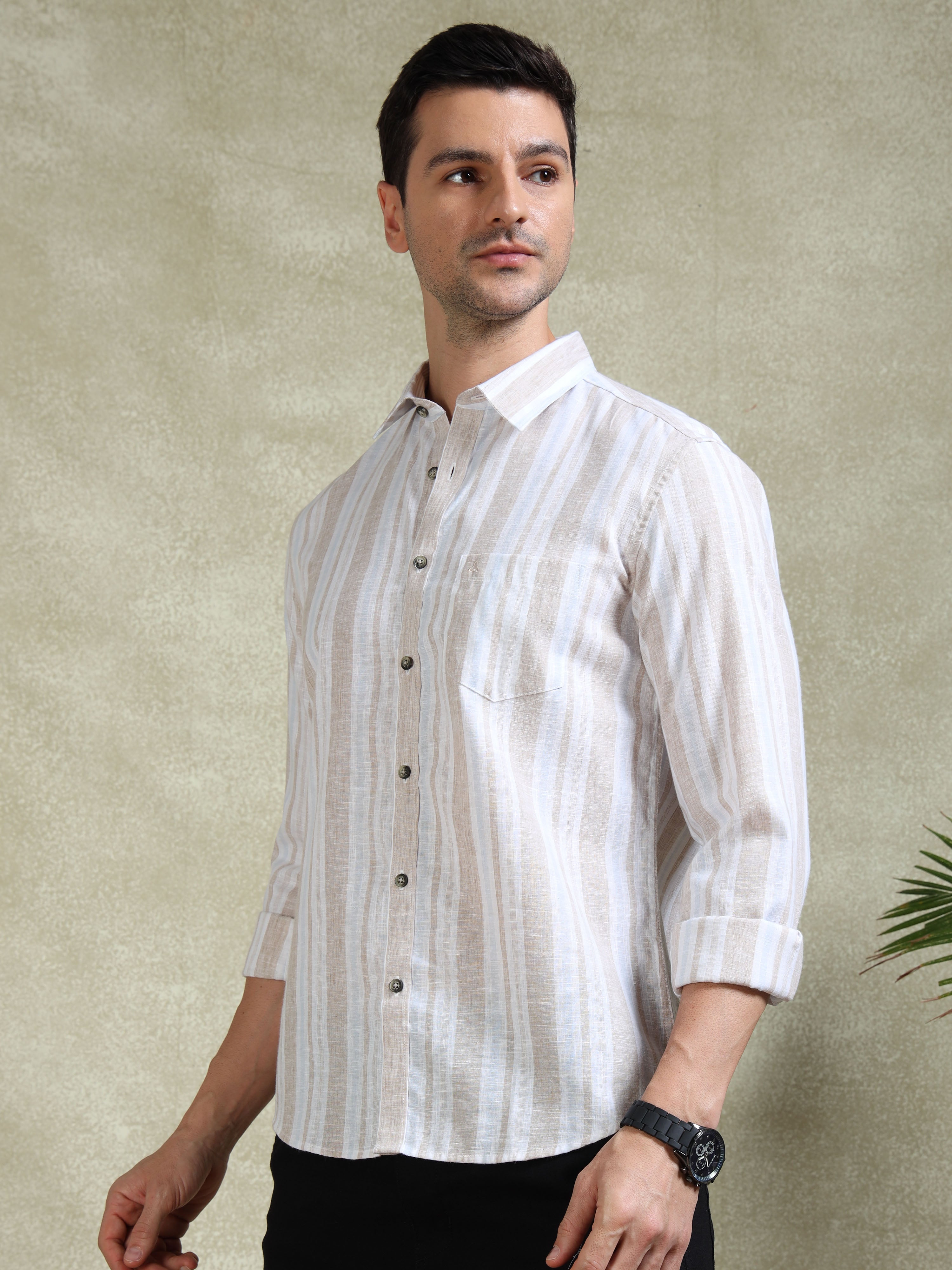 MEN'S DK.BEIGE STRIPE SLIM FIT SHIRT