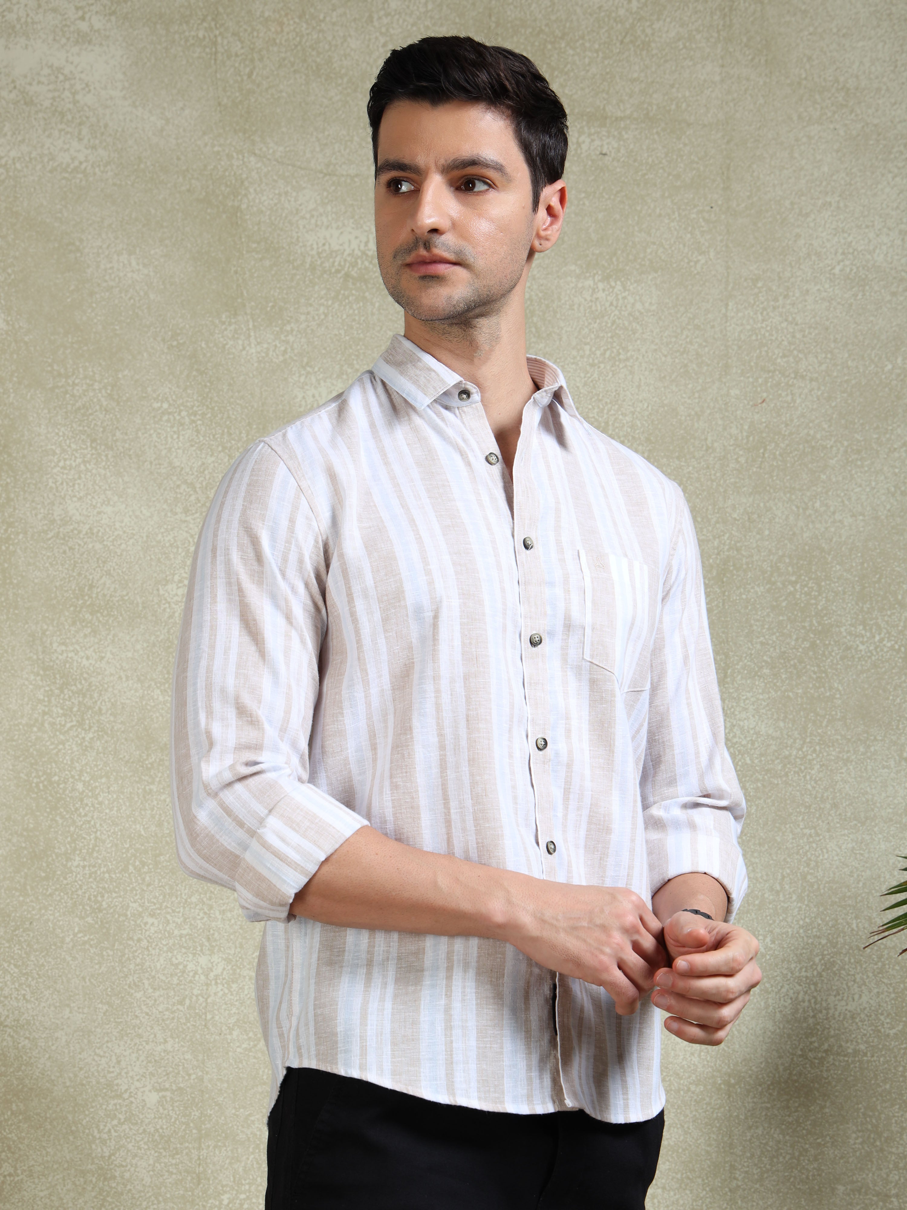 MEN'S DK.BEIGE STRIPE SLIM FIT SHIRT