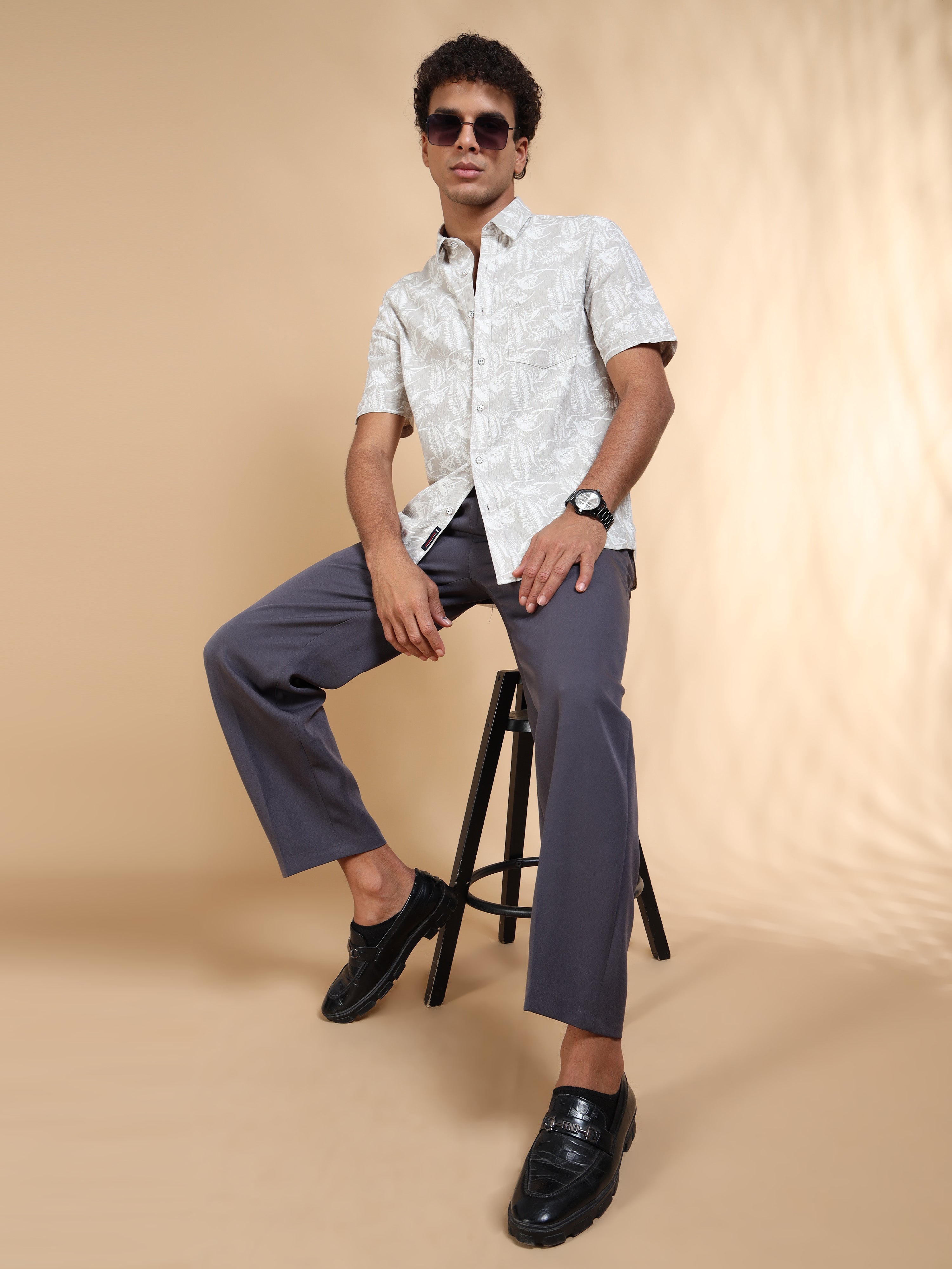 MEN'S GREY PRINT SLIM FIT SHIRT