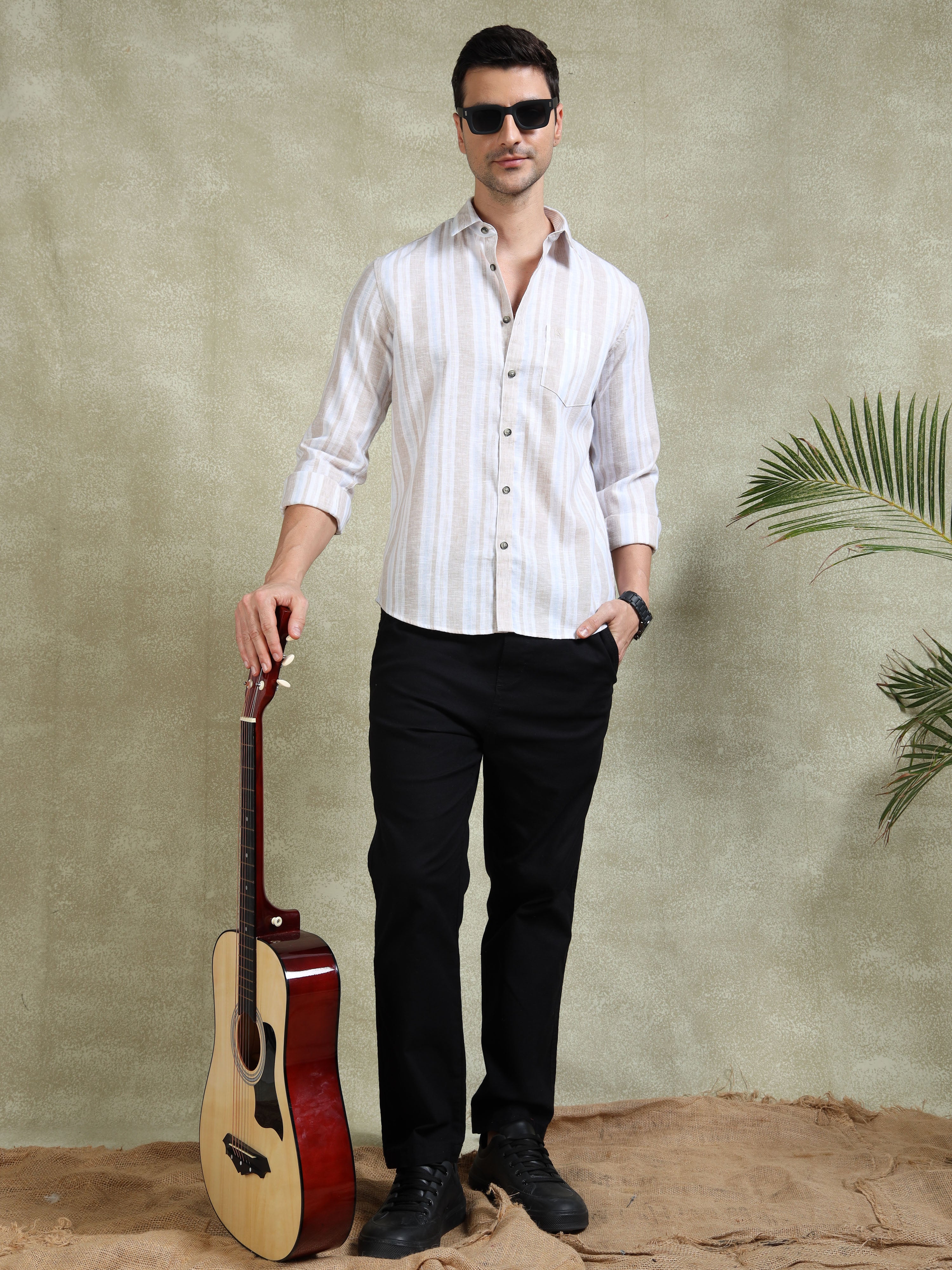 MEN'S DK.BEIGE STRIPE SLIM FIT SHIRT