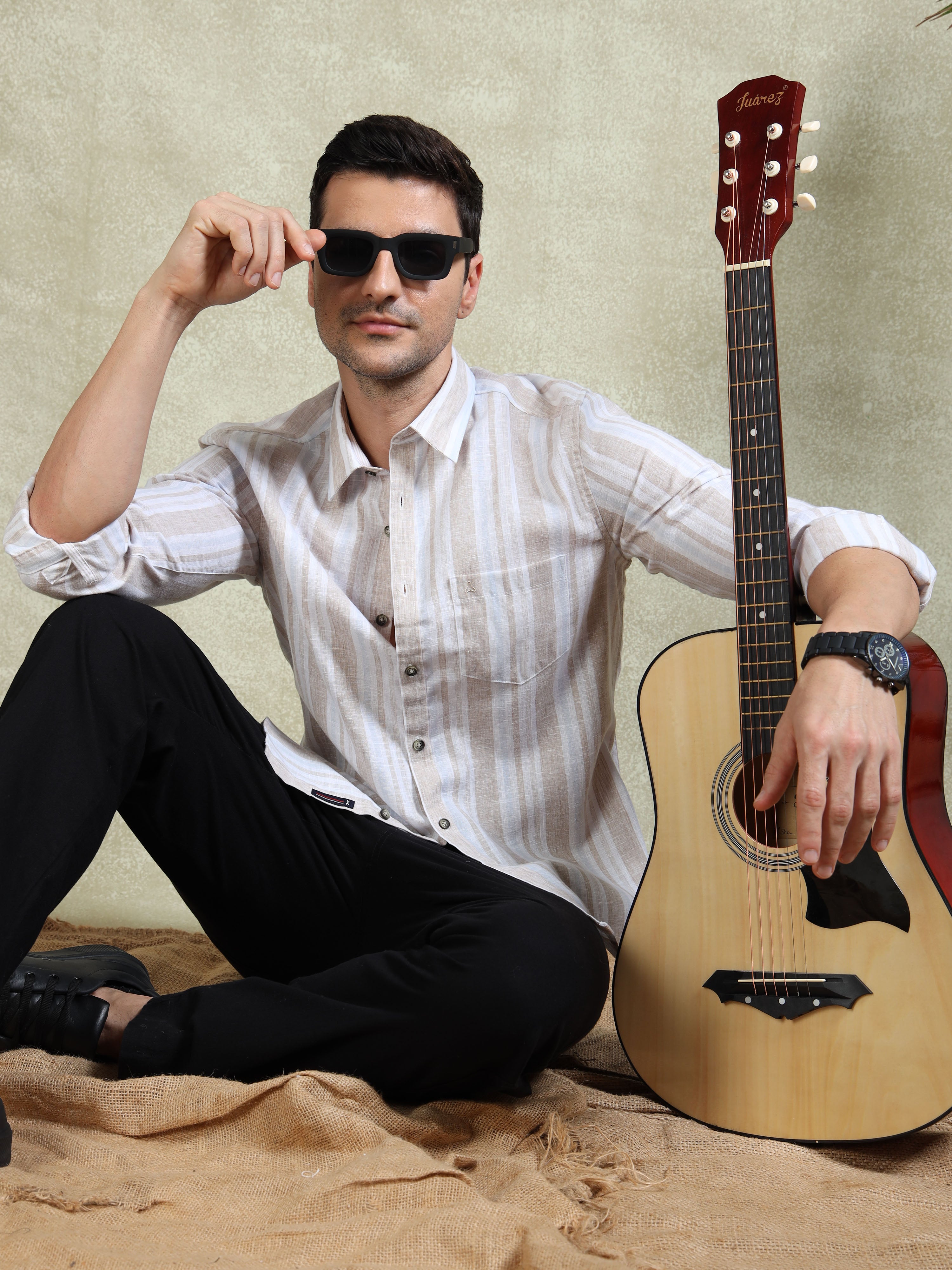 MEN'S DK.BEIGE STRIPE SLIM FIT SHIRT