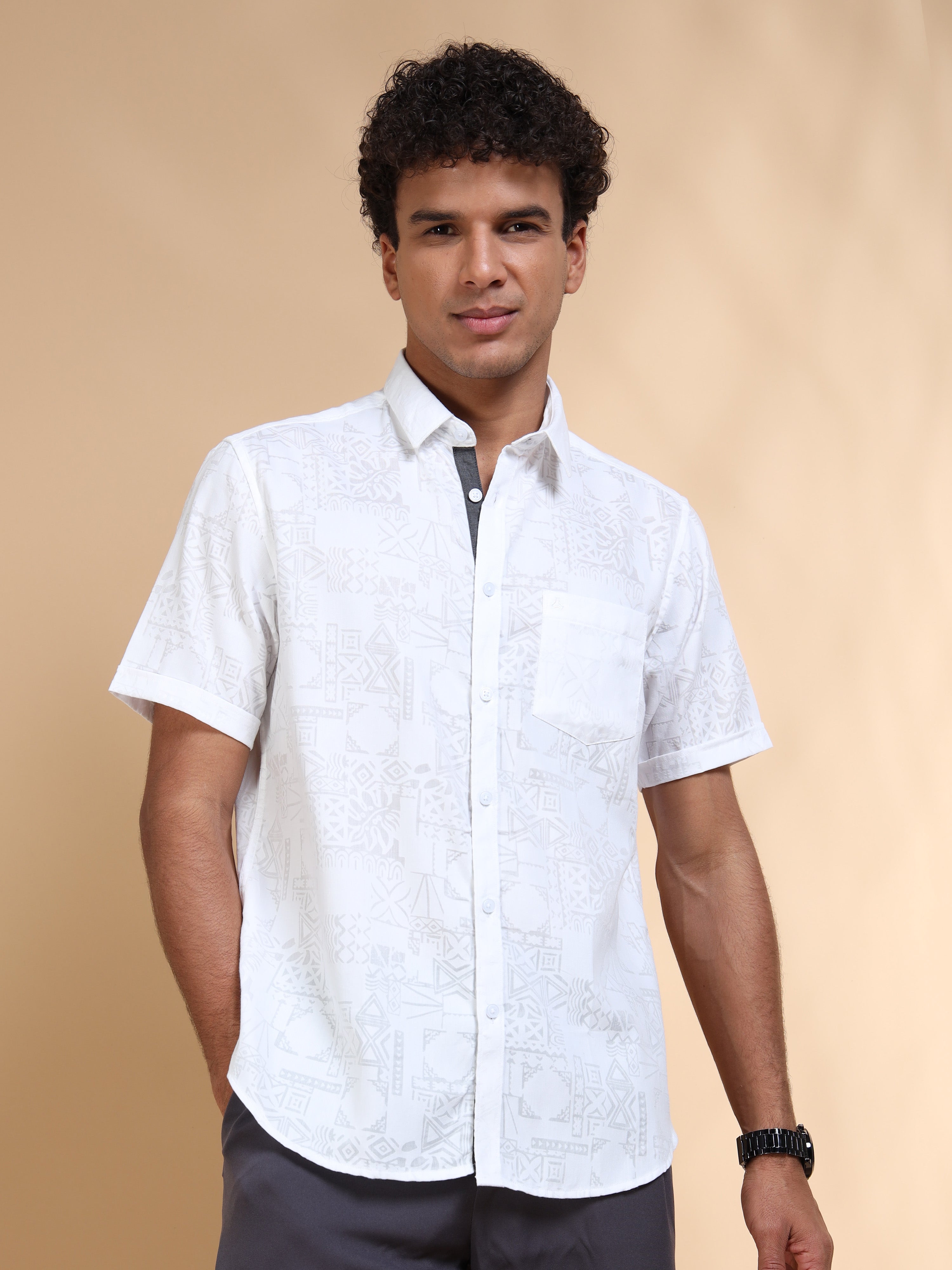 MEN'S WHITE SELF DESIGN SLIM FIT SHIRT