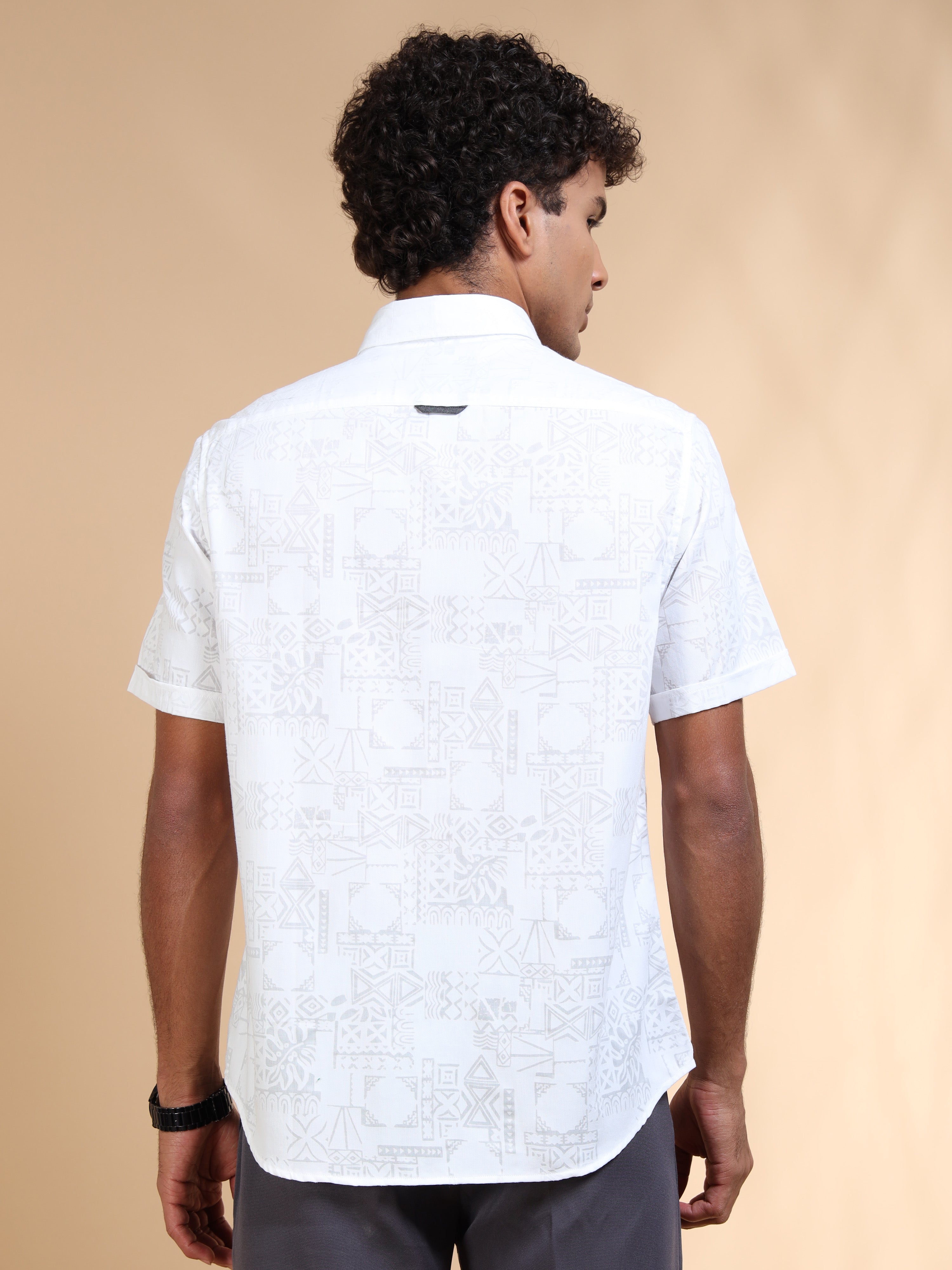MEN'S WHITE SELF DESIGN SLIM FIT SHIRT