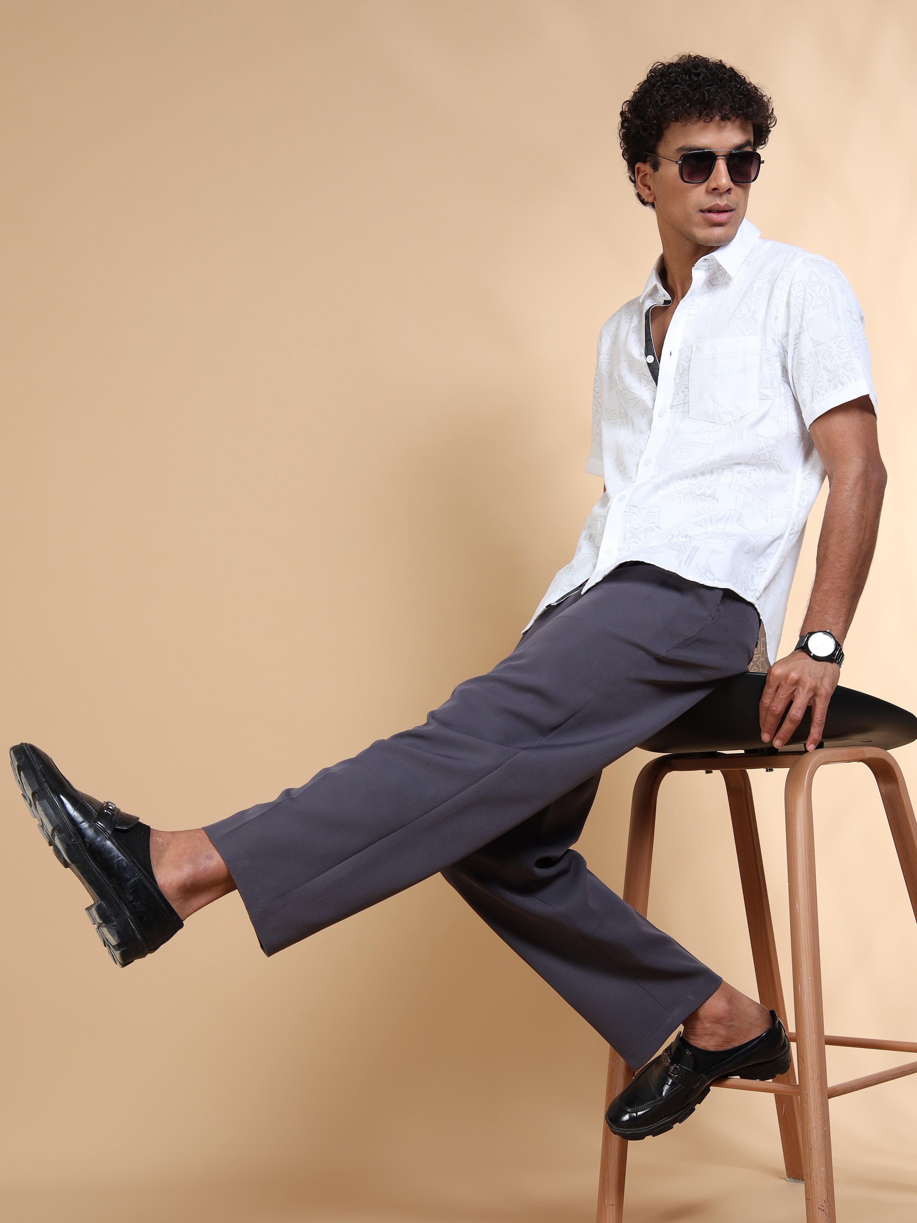 MEN'S WHITE SELF DESIGN SLIM FIT SHIRT