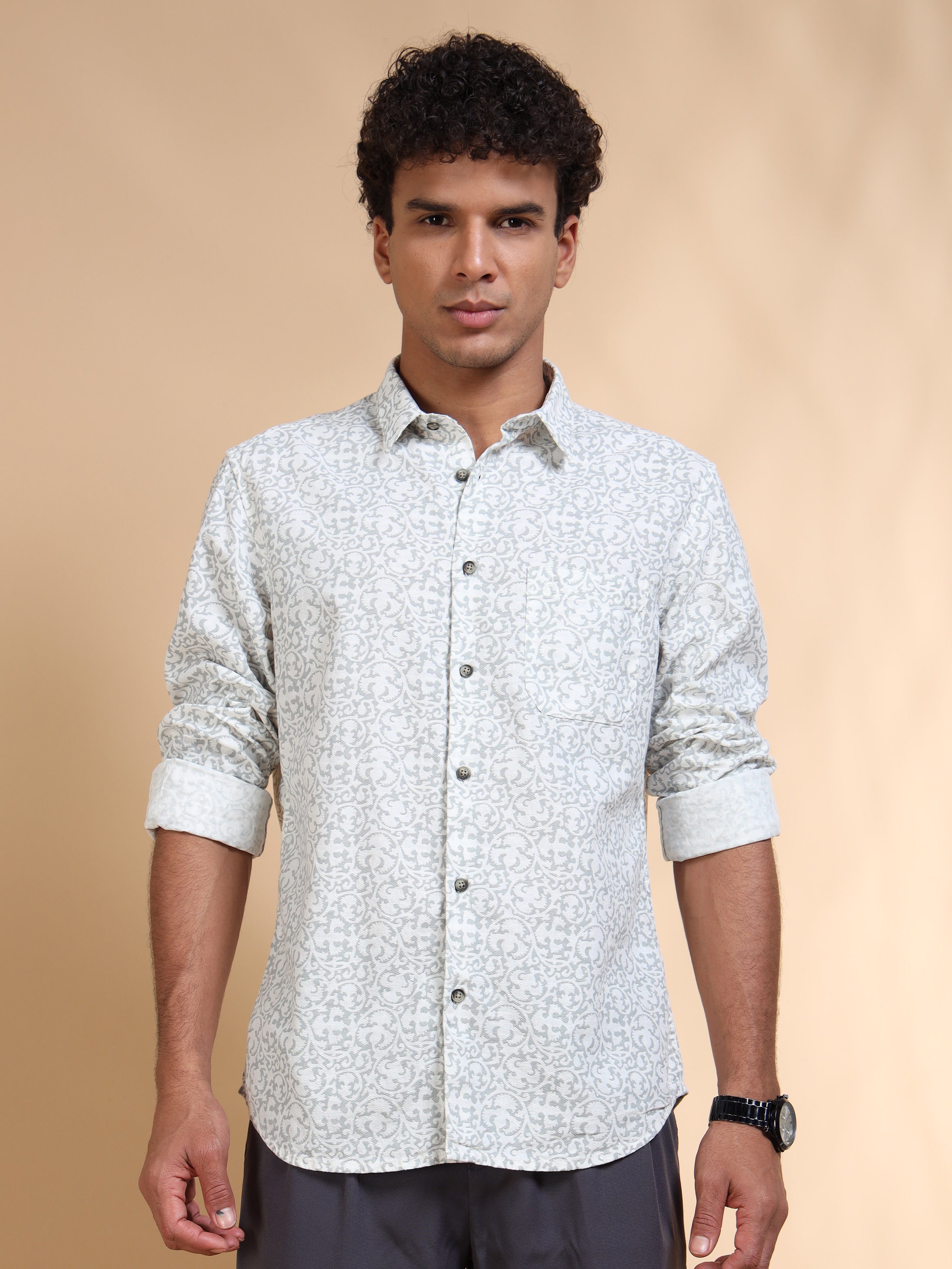 MEN'S LT.GREY PRINT SLIM FIT SHIRT