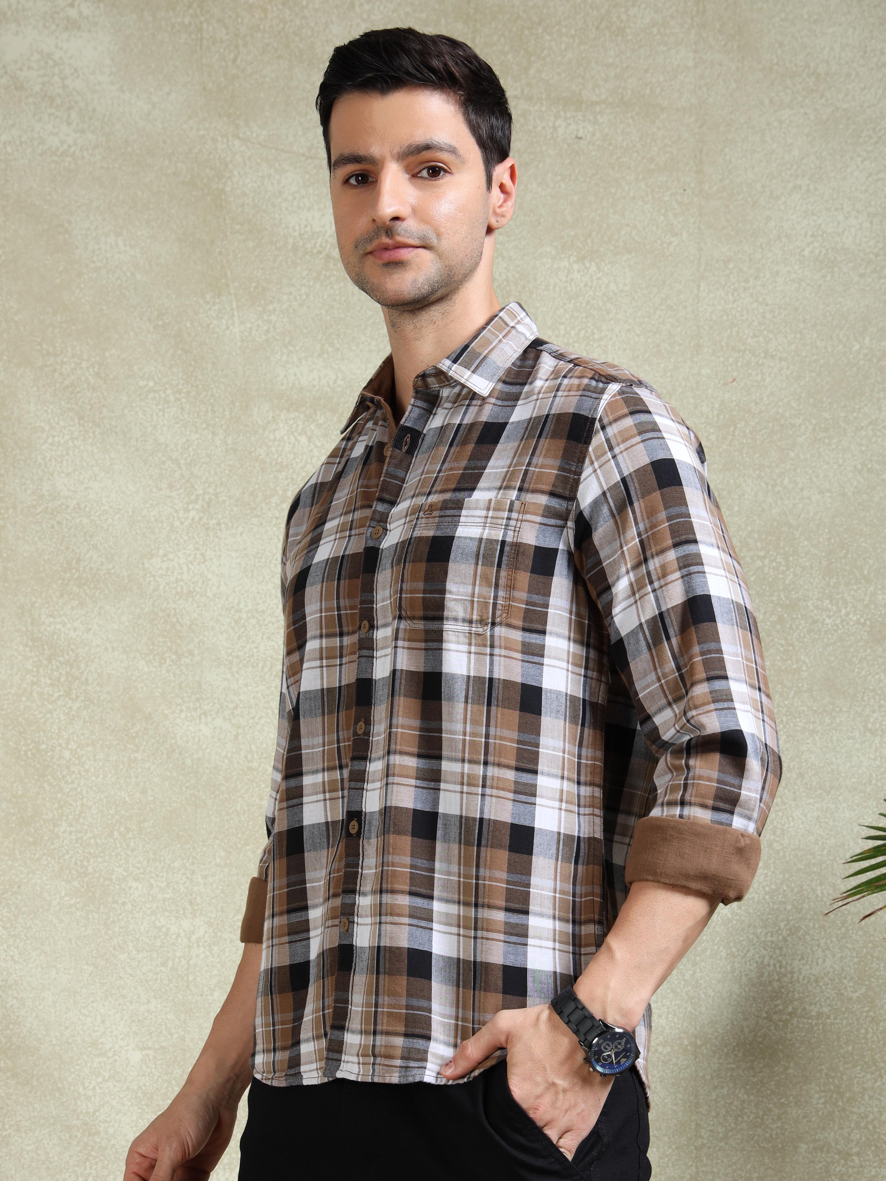 MEN'S DK.BEIGE CHECKS SLIM FIT SHIRT
