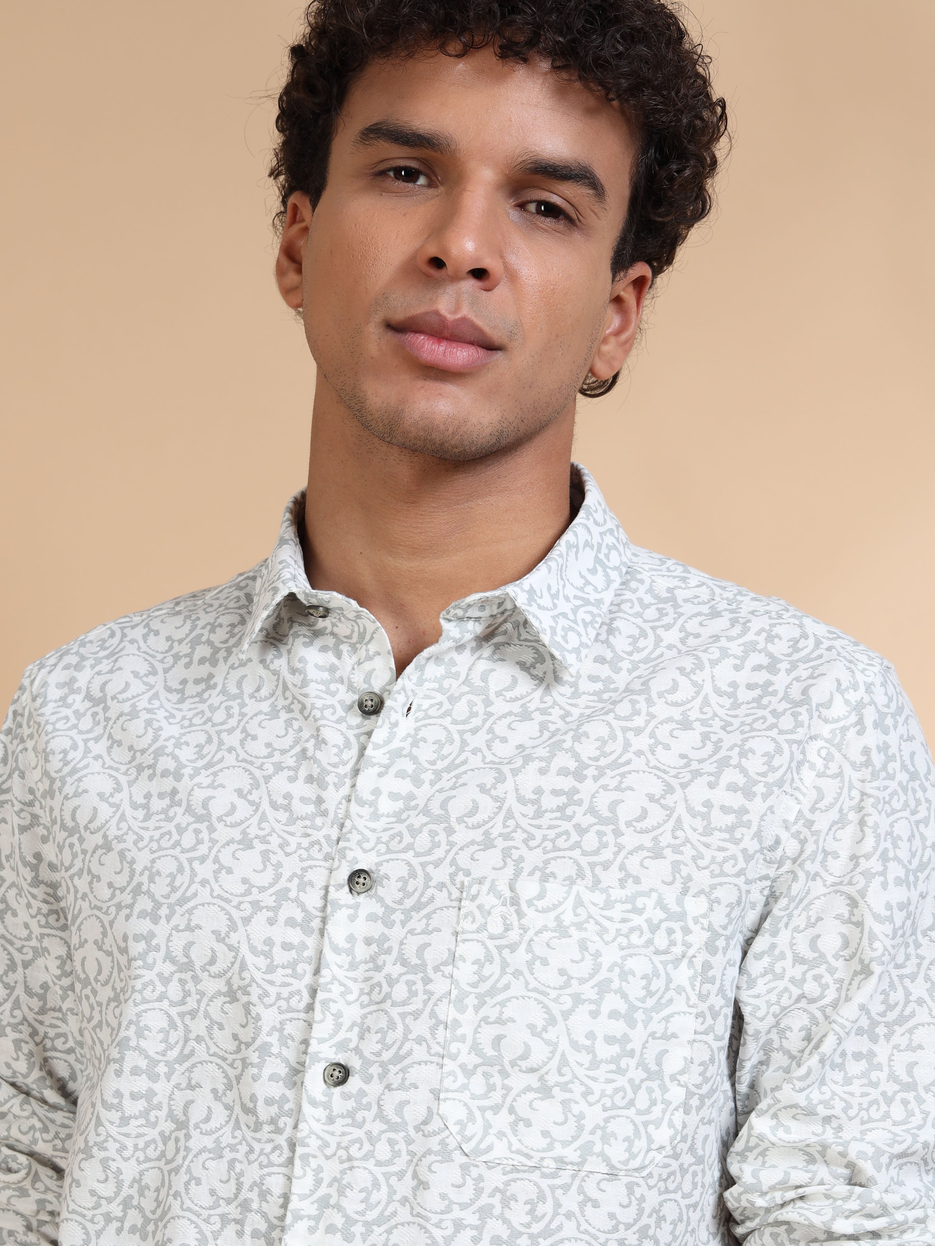 MEN'S LT.GREY PRINT SLIM FIT SHIRT