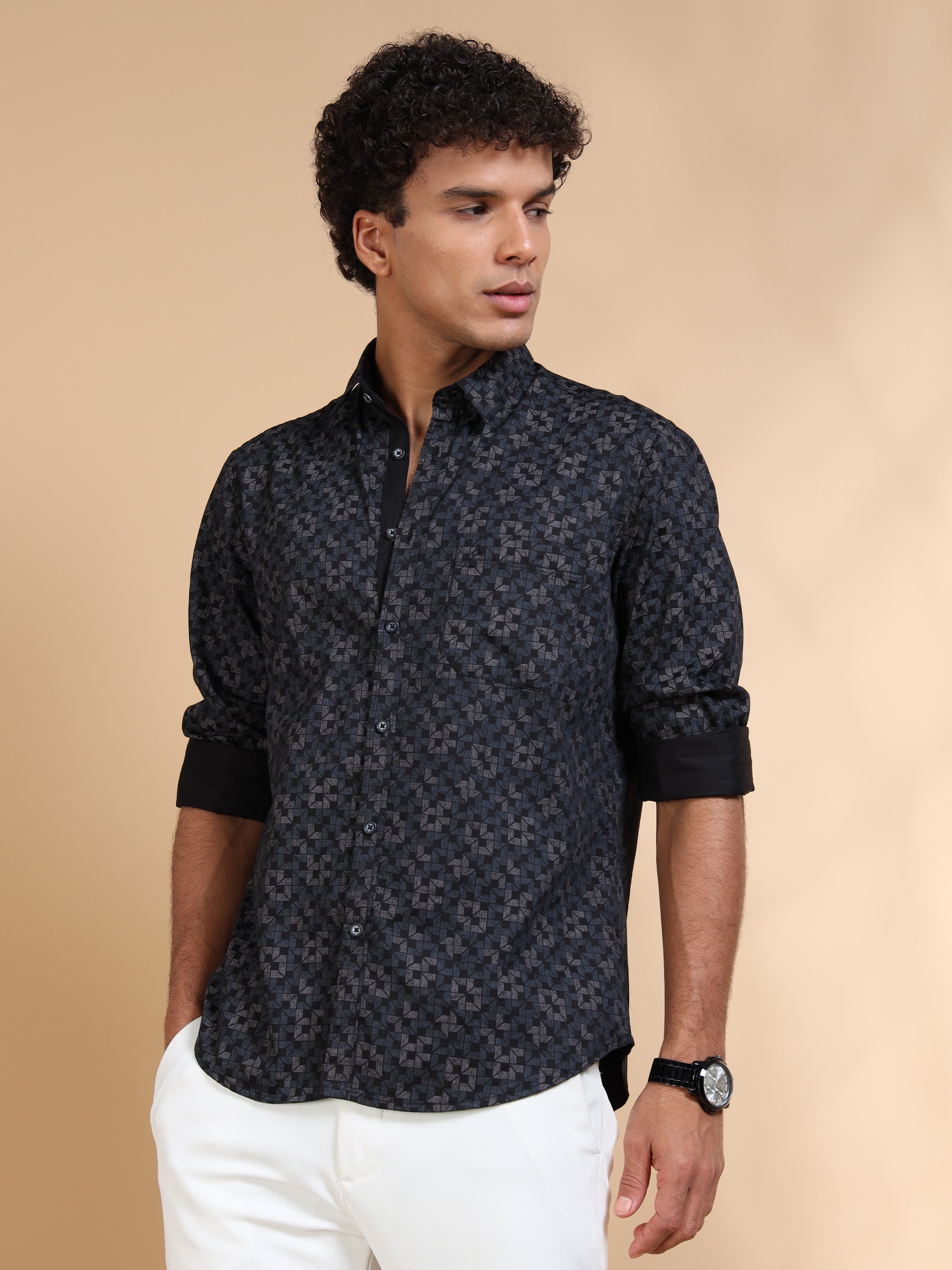 MEN'S BLACK PRINT SLIM FIT SHIRT